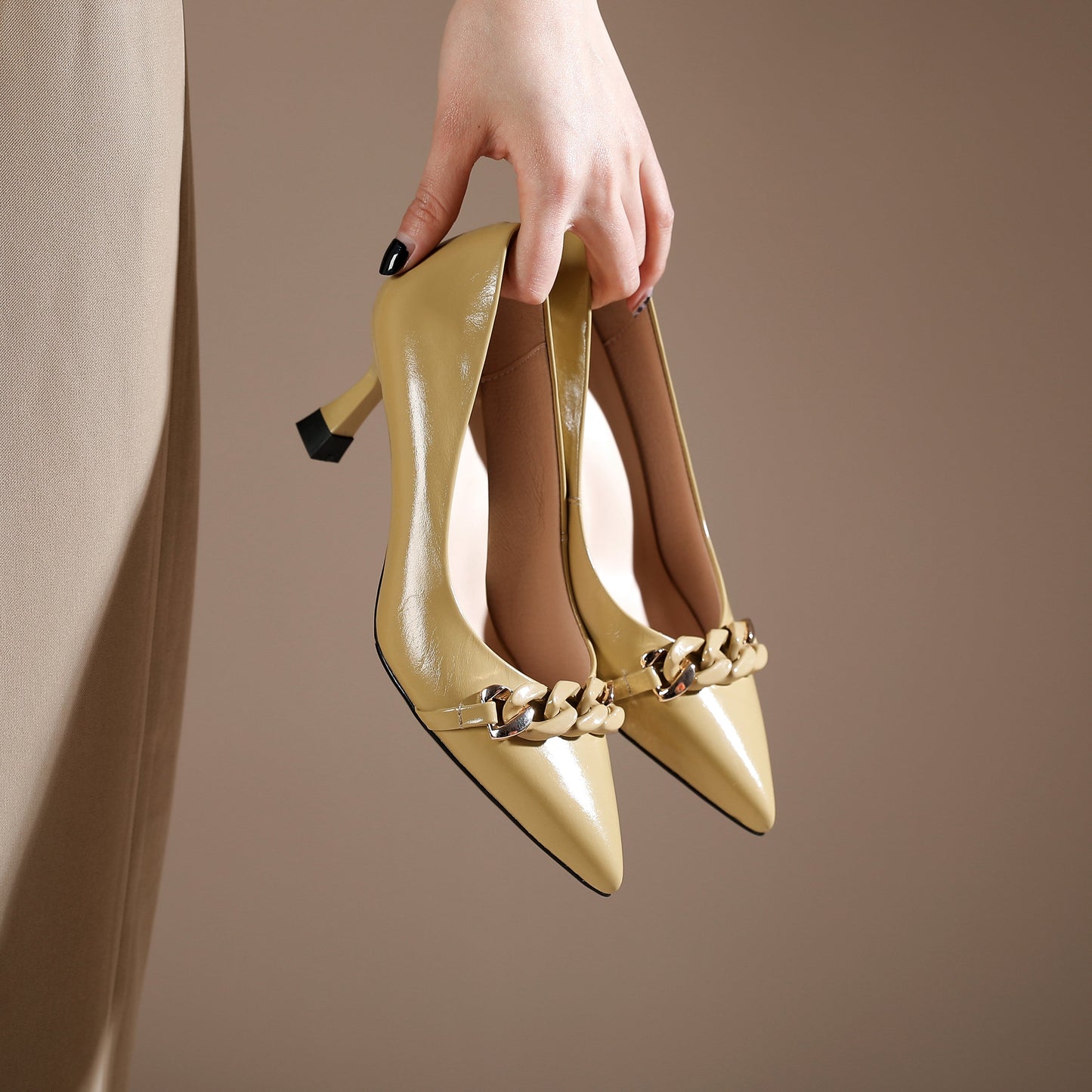 Nine Seven Women's Pointed Toe Handmade Chain Décor Patent Leather Stiletto Mid Heels Stylish Pumps Shoes