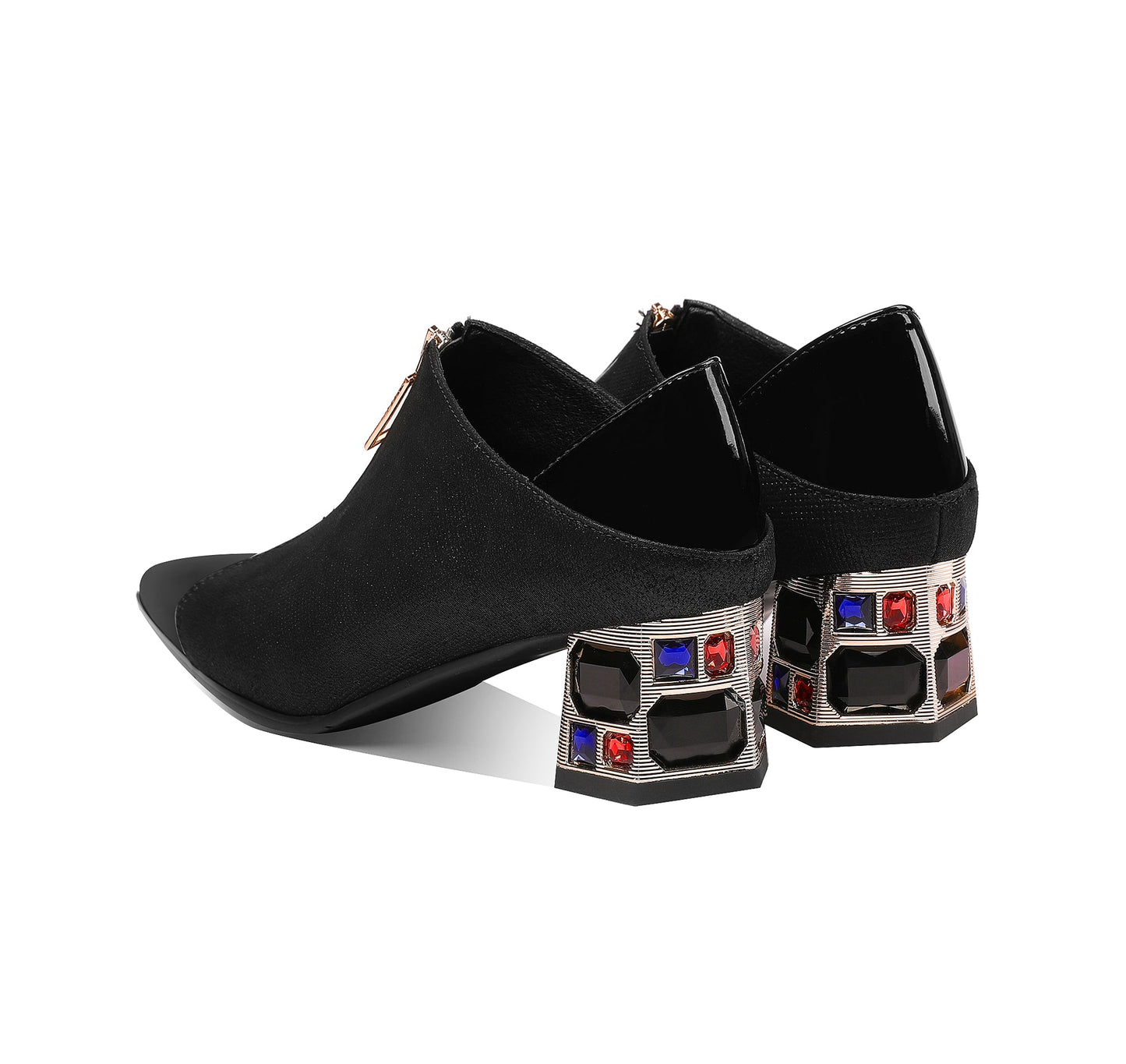 Nine Seven Genuine Leather Pointed Toe Handmade Front Zipper Low Chunky Heels Women's Pumps Shoes