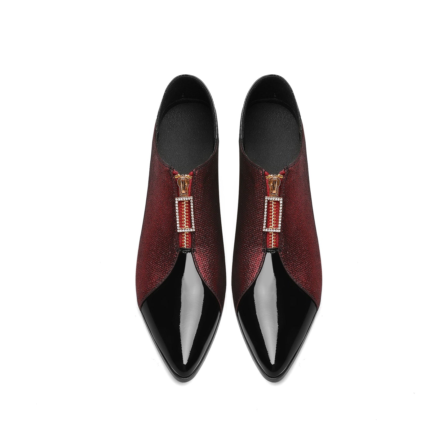 Nine Seven Genuine Leather Pointed Toe Handmade Front Zipper Low Chunky Heels Women's Pumps Shoes