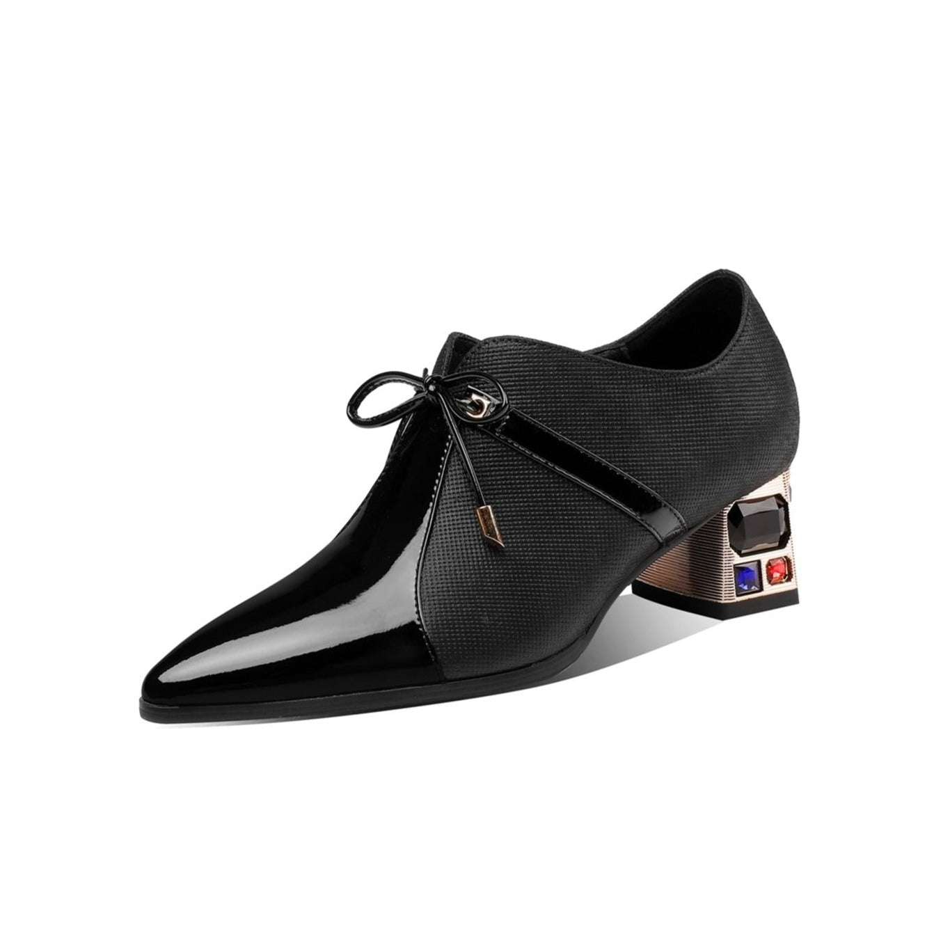 Nine Seven Genuine Leather Lace Up Side Zipper Handmade Pointed Toe Low Chunky Heels Women's Casual Pumps