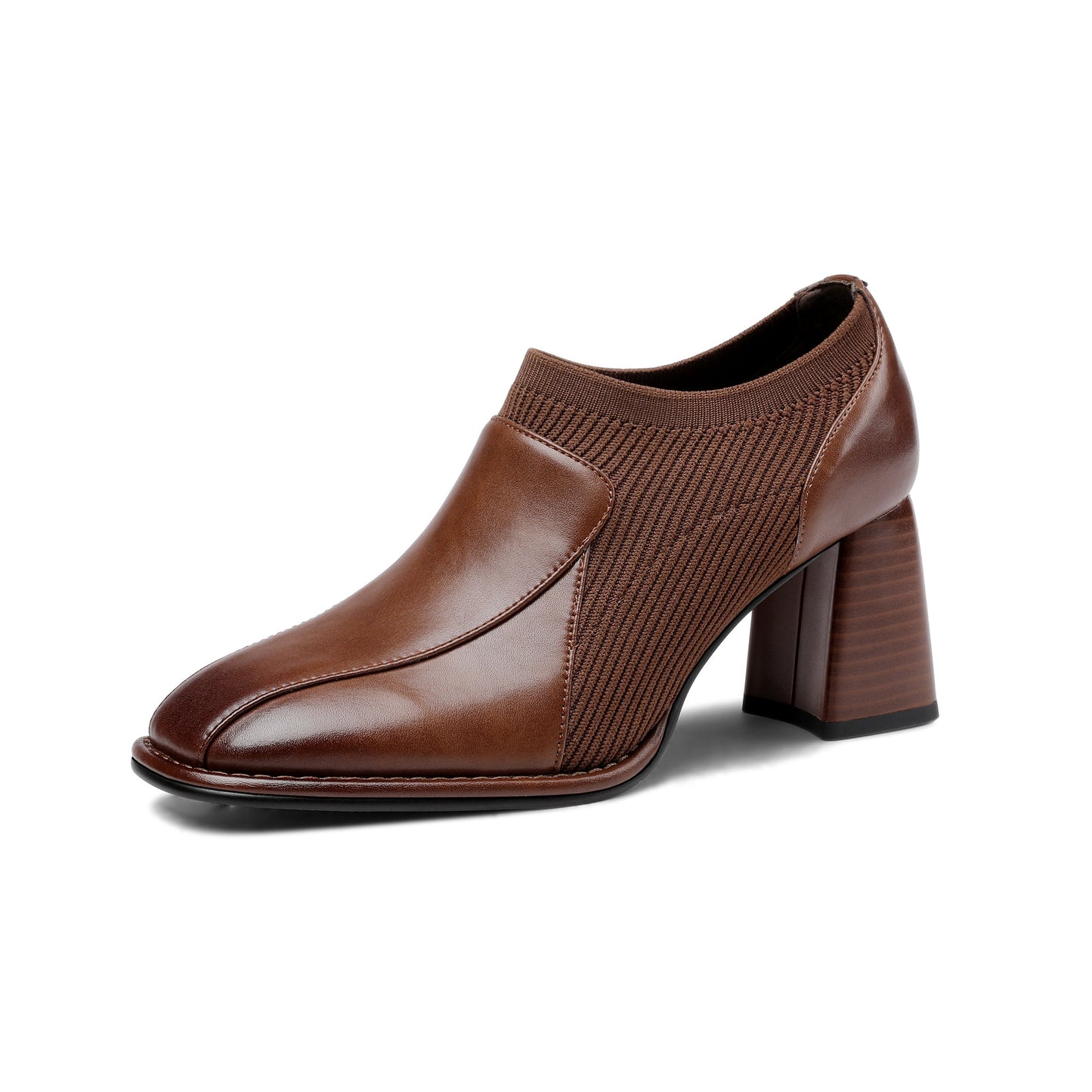 Nine Seven Women's Square Toe Genuine Leather & Woolen Handmade Mid Chunky Heels Casual Shoes