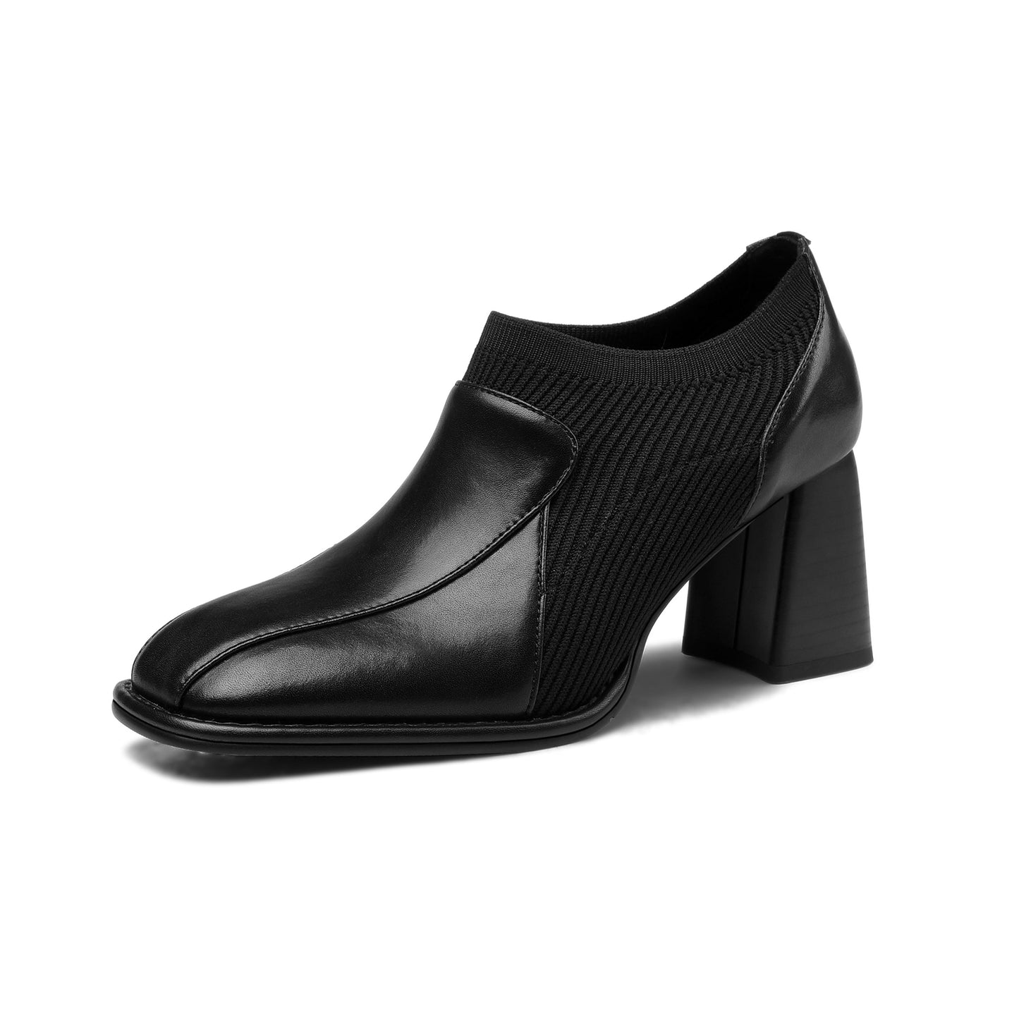 Nine Seven Women's Square Toe Genuine Leather & Woolen Handmade Mid Chunky Heels Casual Shoes