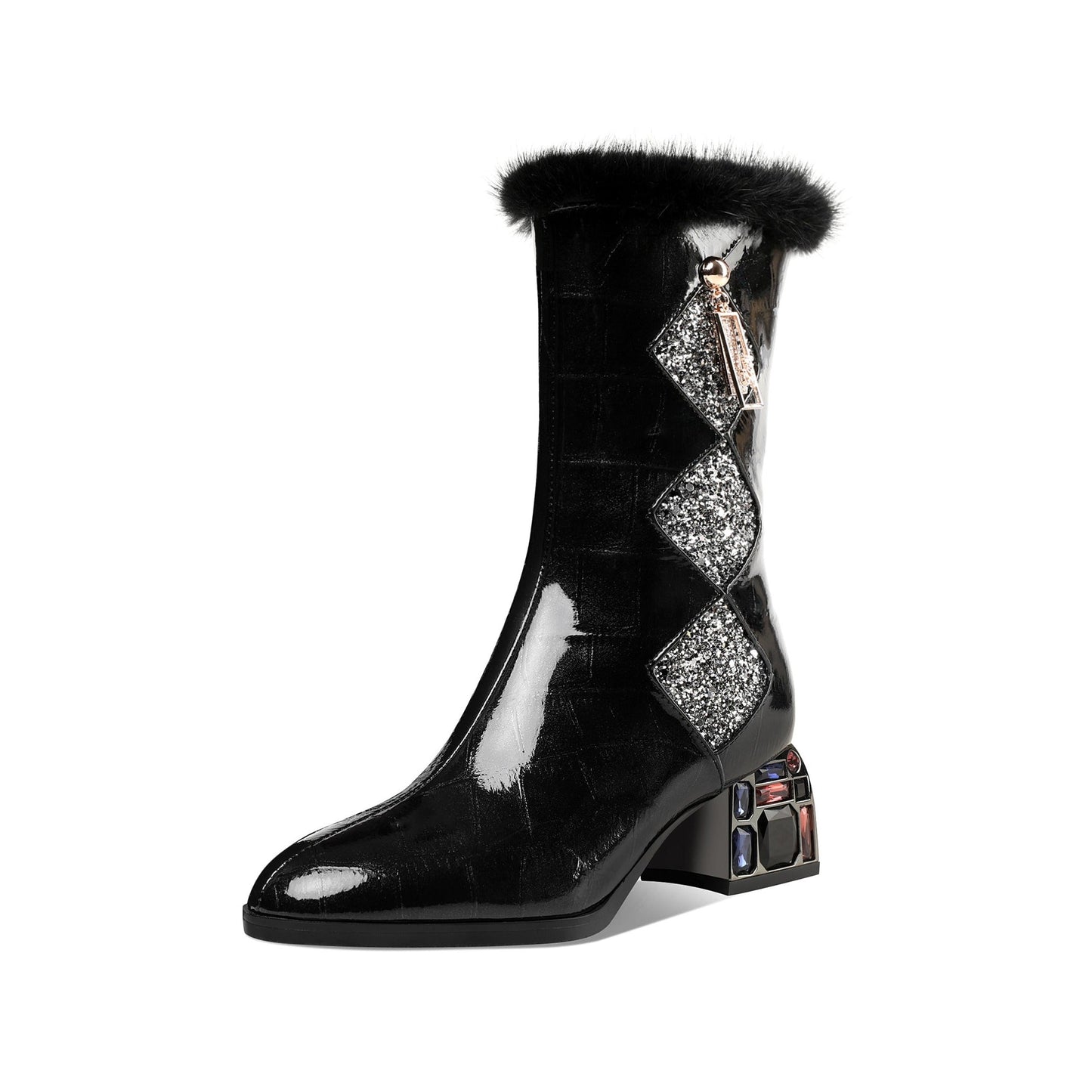 Nine Seven Women's Patent Leather Round Toe Handmade Chunky Heel with Jewelry Stylish Zip Up Mid-Calf Boots