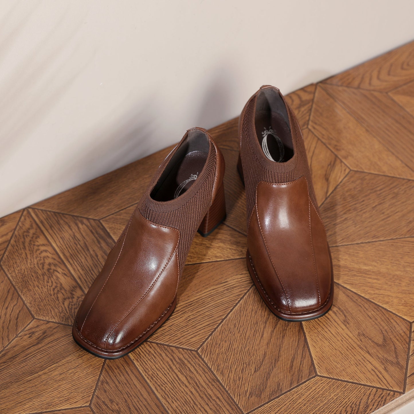 Nine Seven Women's Square Toe Genuine Leather & Woolen Handmade Mid Chunky Heels Casual Shoes