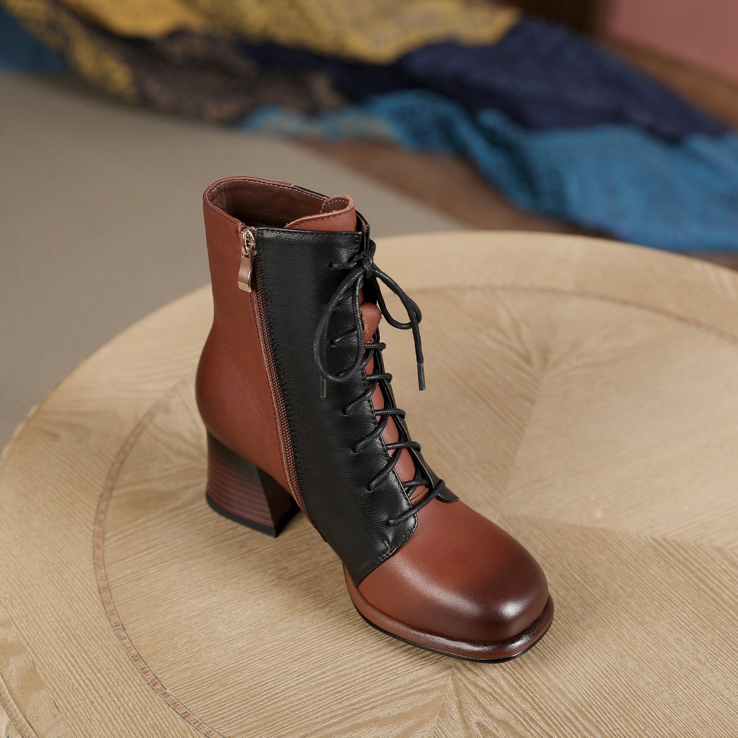 Nine Seven Women's Genuine Leather Assort Colors Round Toe Handmade Laces Side Zipper Retro Booties with Chunky Heels