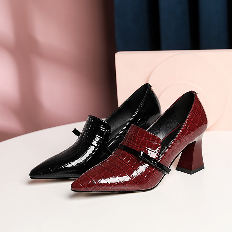 Nine Seven Embossed Patent Leather Handmade Women's Mid Spool Heel Pointed Toe Slip On Modern Pump Shoes with Bowtie