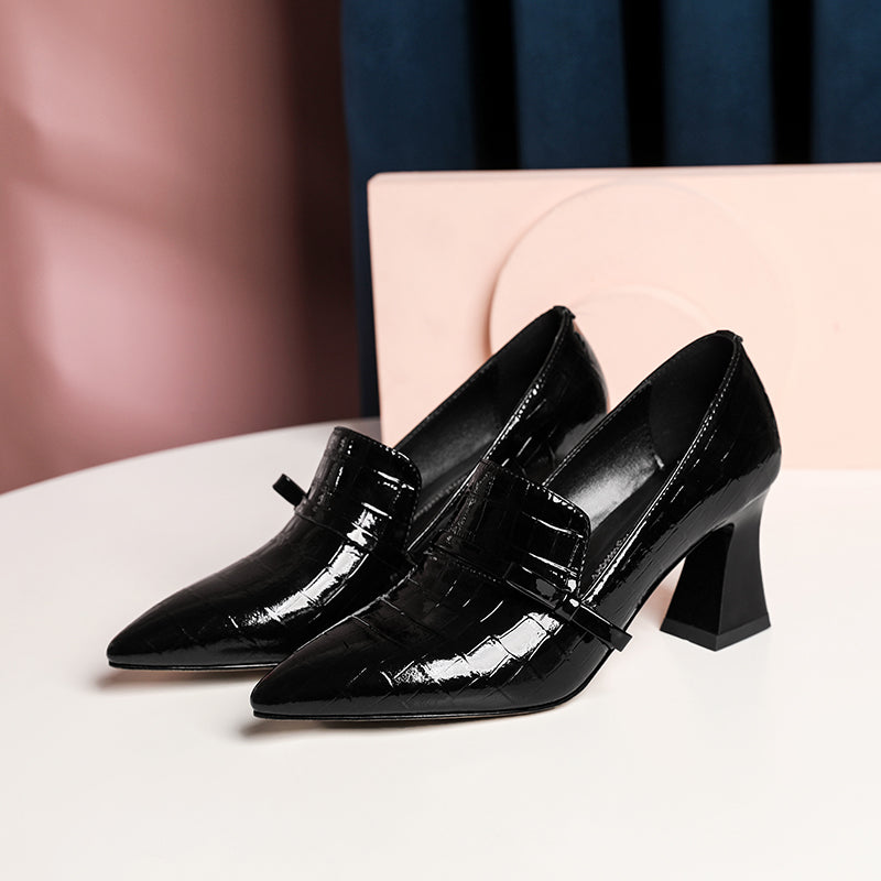 Nine Seven Embossed Patent Leather Handmade Women's Mid Spool Heel Pointed Toe Slip On Modern Pump Shoes with Bowtie