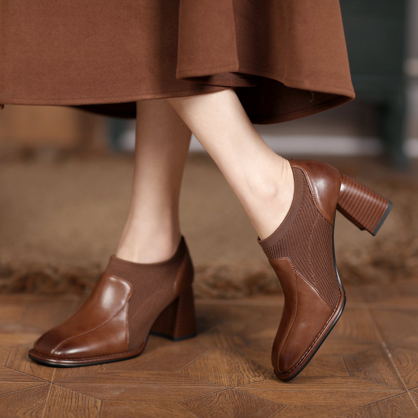 Nine Seven Women's Square Toe Genuine Leather & Woolen Handmade Mid Chunky Heels Casual Shoes