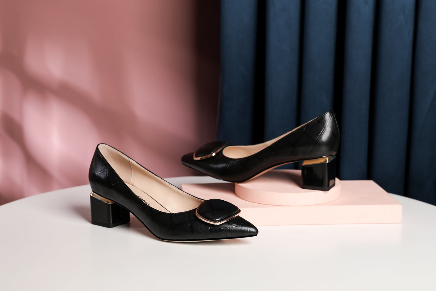 Nine Seven Genuine Leather Handmade Women's Low Block Heel Pointed Toe Graceful Pump Shoes