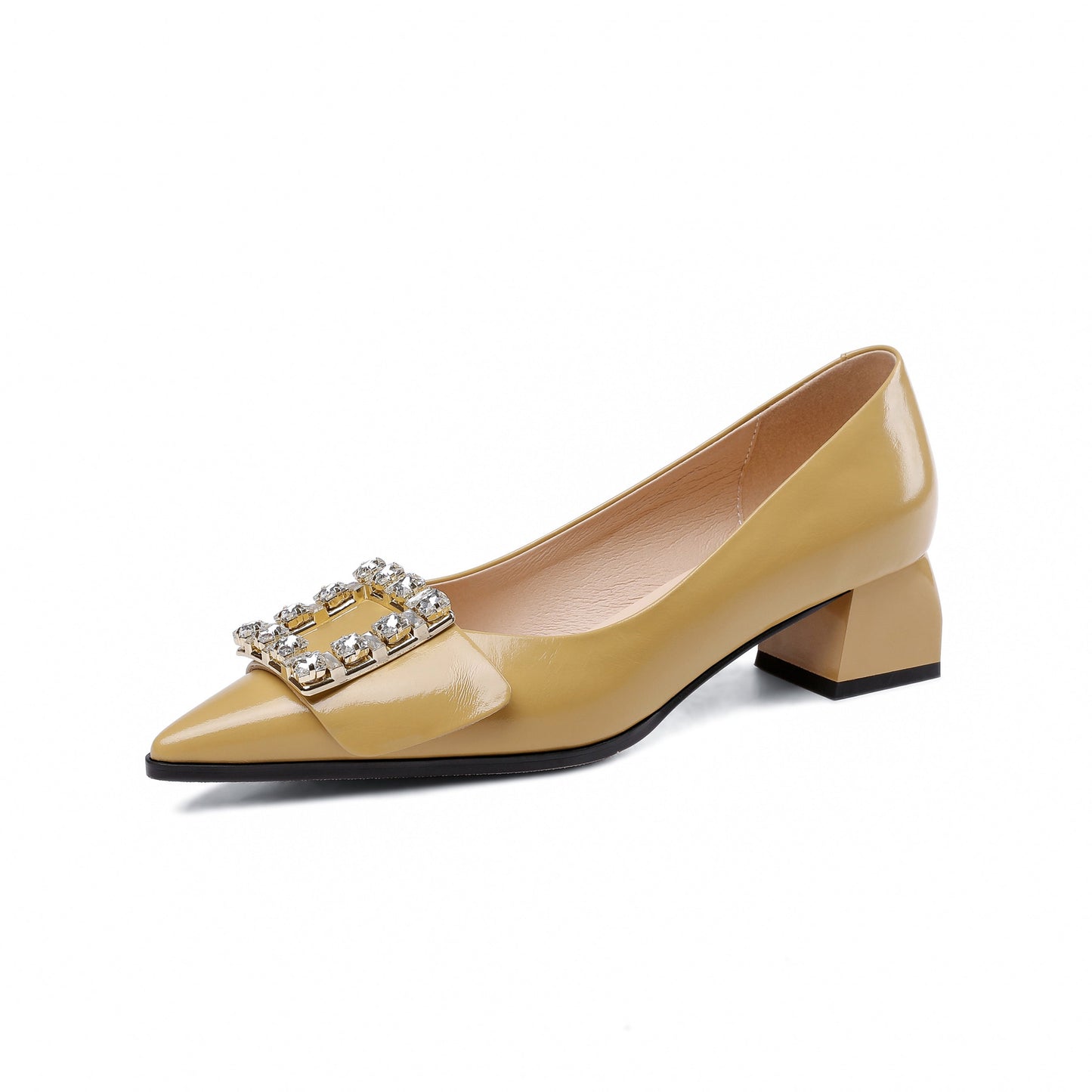 Nine Seven Women's Pointed Toe Patent Leather Delicate Buckle Handmade Low Chunky Heels Casual Shoes