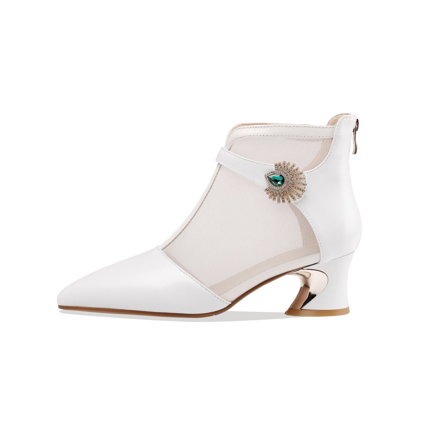 Nine Seven Women's Genuine Leather and Mesh Handmade Spool Heel Zip Up Crystal Decor Stylish Ankle Boots