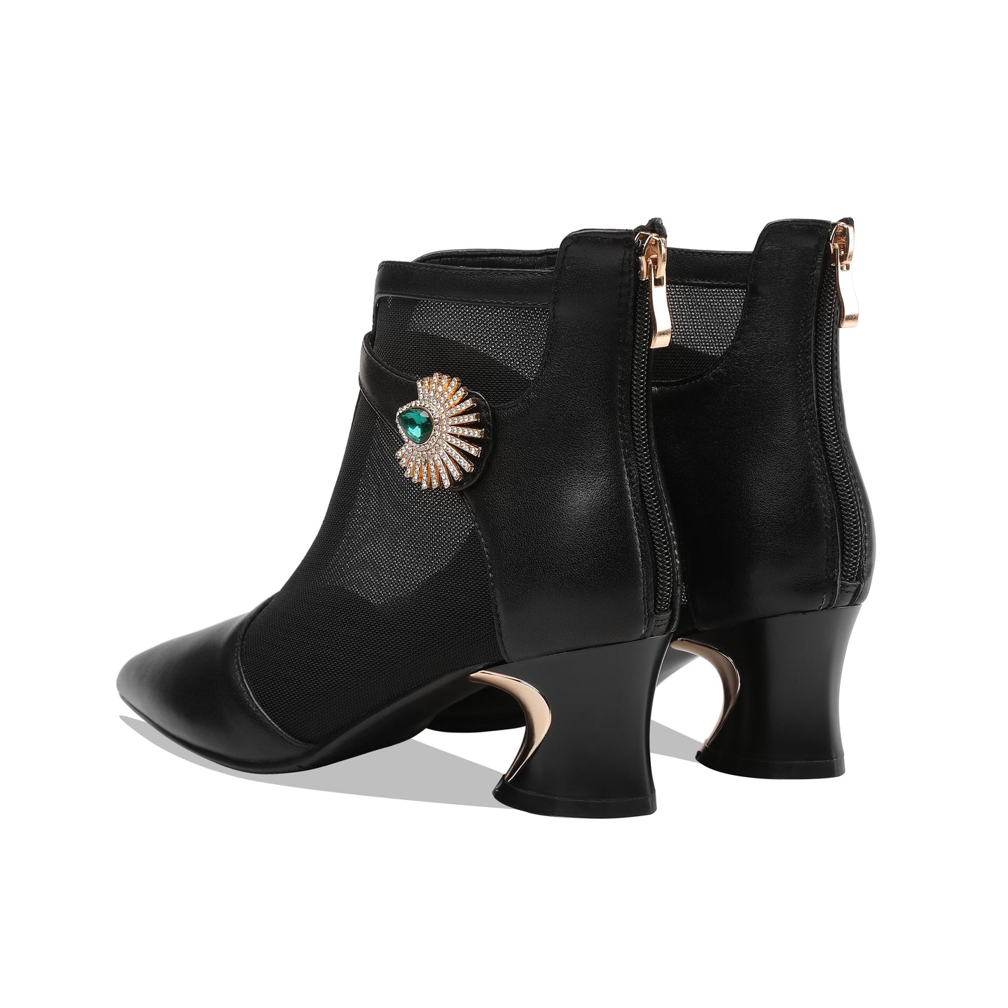 Nine Seven Women's Genuine Leather and Mesh Handmade Spool Heel Zip Up Crystal Decor Stylish Ankle Boots