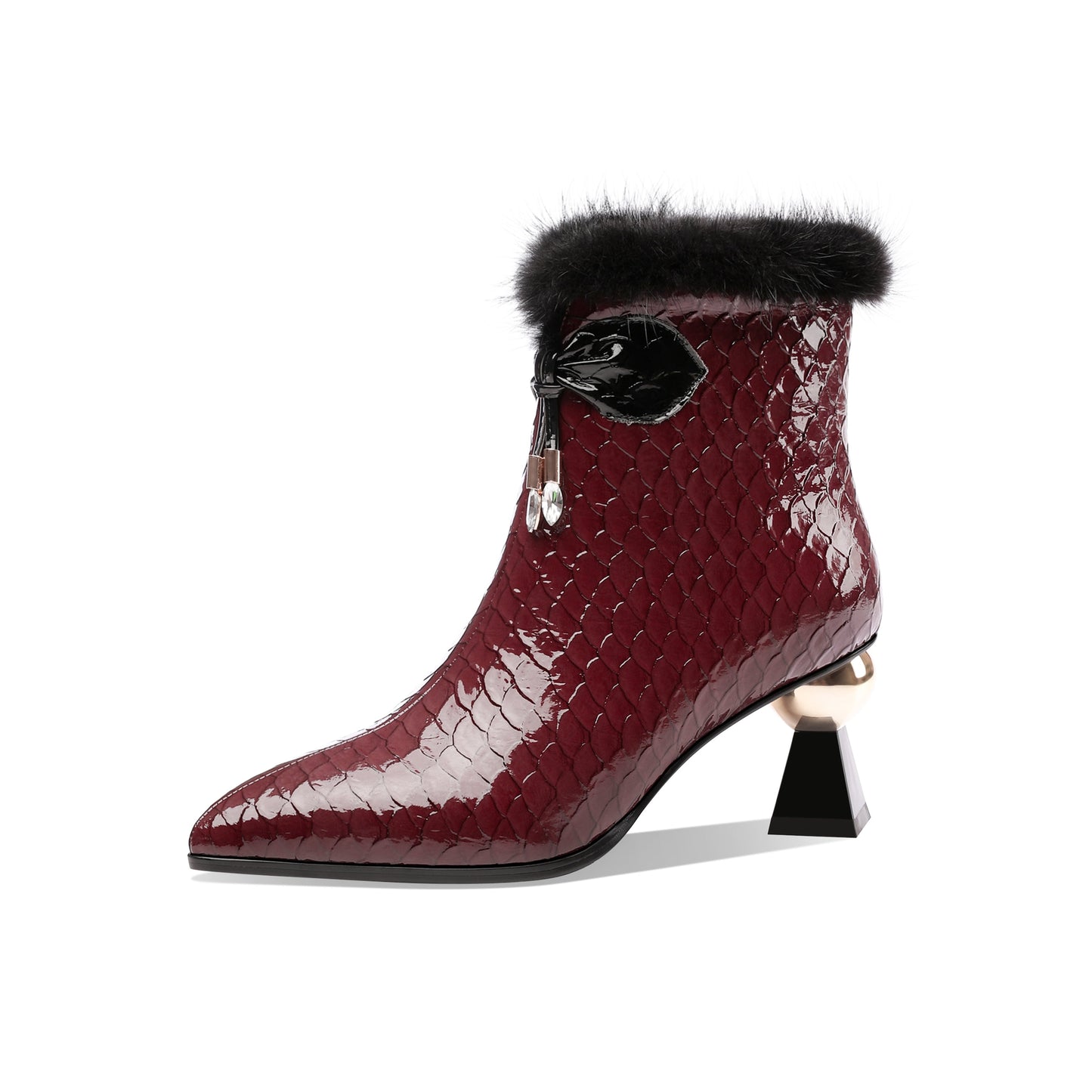 Nine Seven Patent Leather Handmade Women's Pointy Toe Side Zip Up Mid Heel Crystal and Fur Design Ankle Boots with Bow