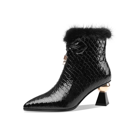 Nine Seven Patent Leather Handmade Women's Pointy Toe Side Zip Up Mid Heel Crystal and Fur Design Ankle Boots with Bow