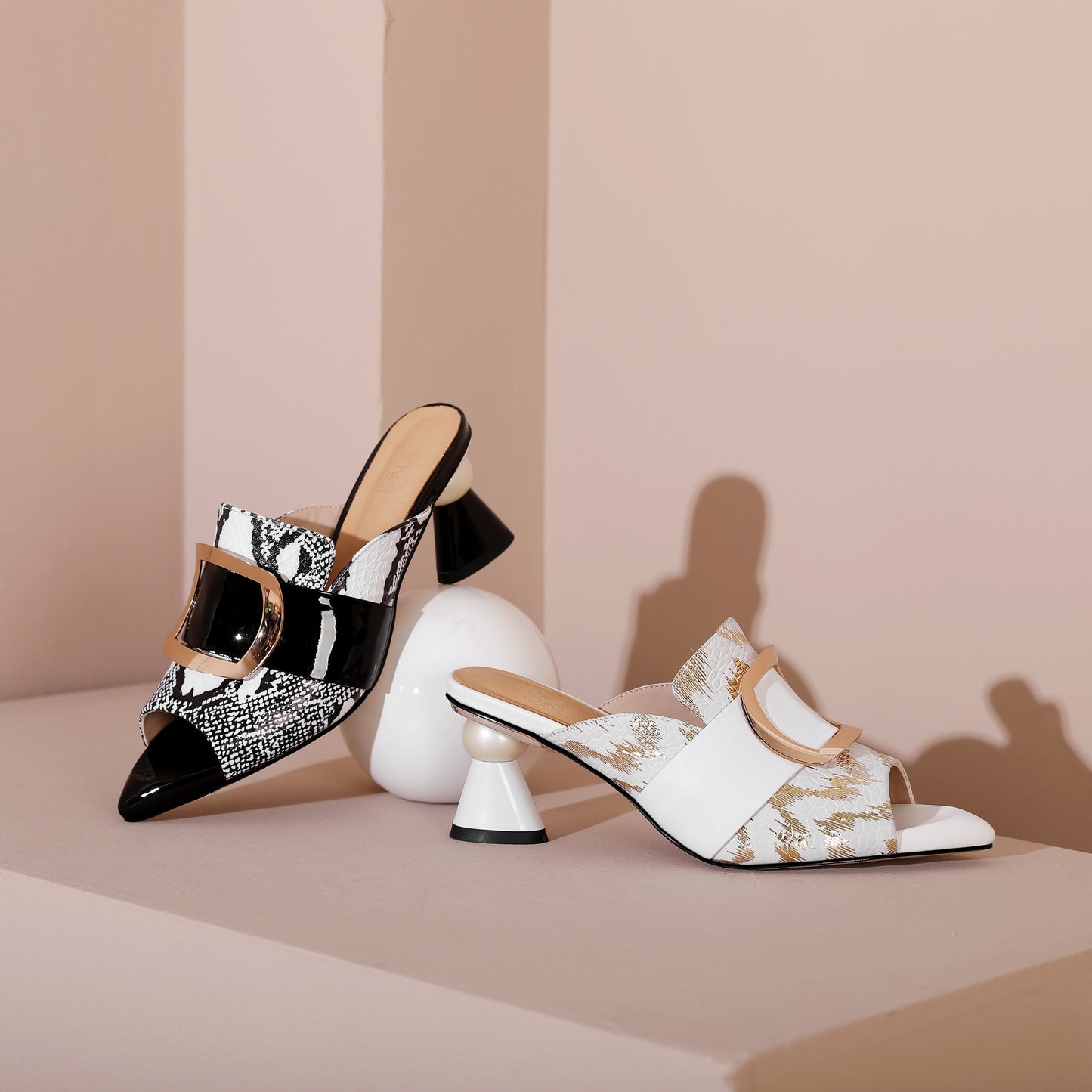 Nine Seven Women's Handmade Leather Comfortable Unique Design Heel Peep Toe Slip On Mule Pumps