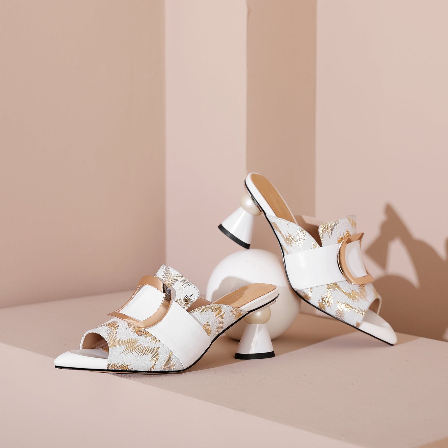 Nine Seven Women's Handmade Leather Comfortable Unique Design Heel Peep Toe Slip On Mule Pumps