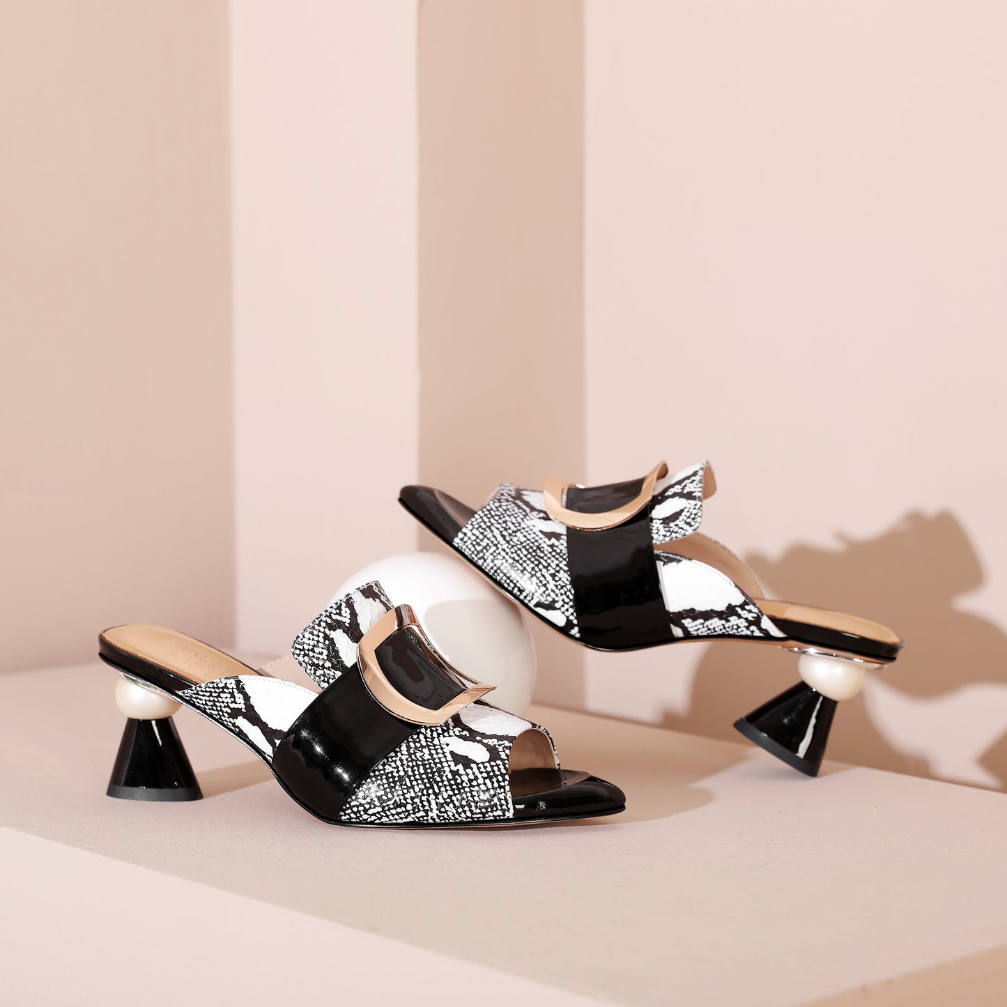 Nine Seven Women's Handmade Leather Comfortable Unique Design Heel Peep Toe Slip On Mule Pumps