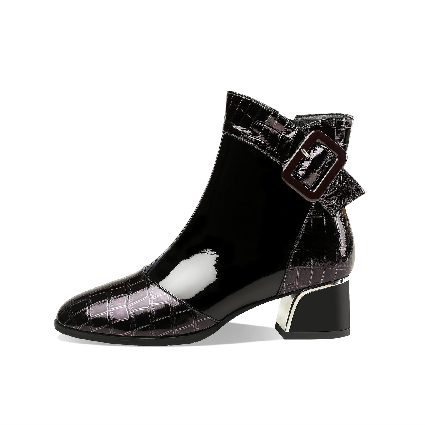 Nine Seven Women's Patent Leather Handmade Round Toe Side Zipper Buckled Low Chunky Heel Stylish Bootie