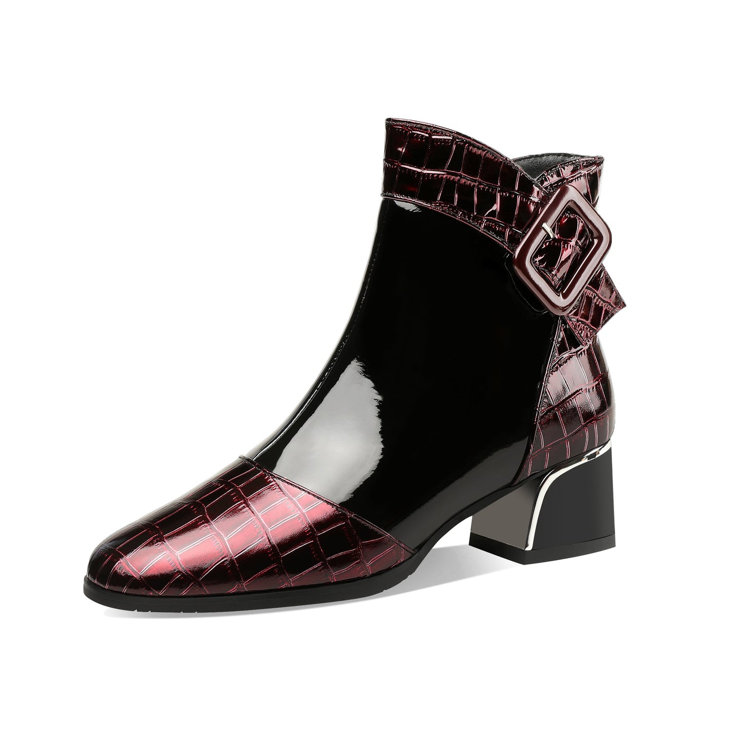 Nine Seven Women's Patent Leather Handmade Round Toe Side Zipper Buckled Low Chunky Heel Stylish Bootie