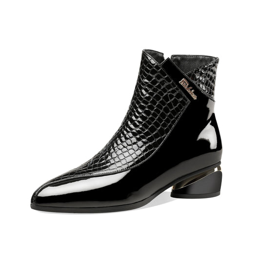 Nine Seven Women's Handmade Patent Leather Pointed Toe Side Zip Up Low Chunky Heel Casual Ankle Boots