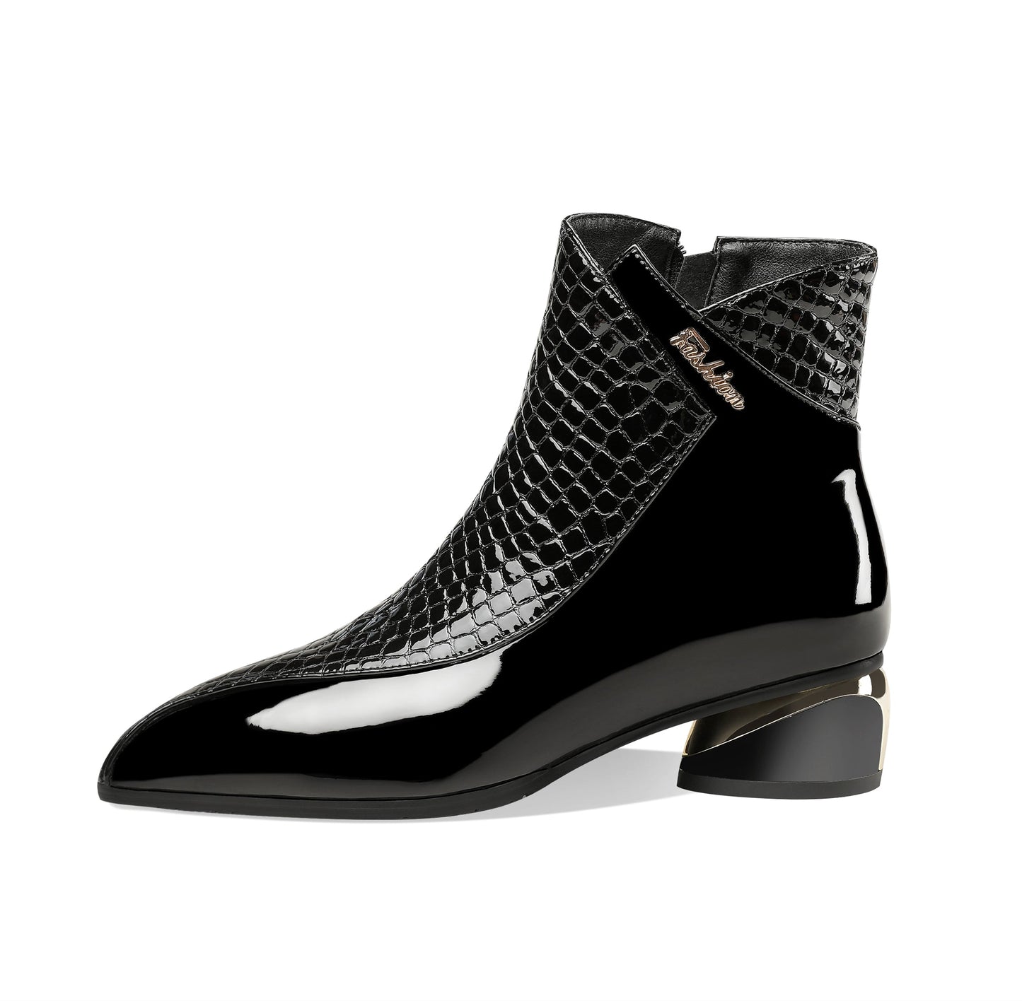 Nine Seven Women's Handmade Patent Leather Pointed Toe Side Zip Up Low Chunky Heel Casual Ankle Boots