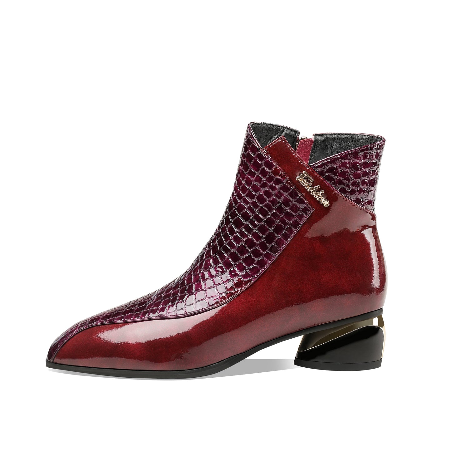 Nine Seven Women's Handmade Patent Leather Pointed Toe Side Zip Up Low Chunky Heel Casual Ankle Boots