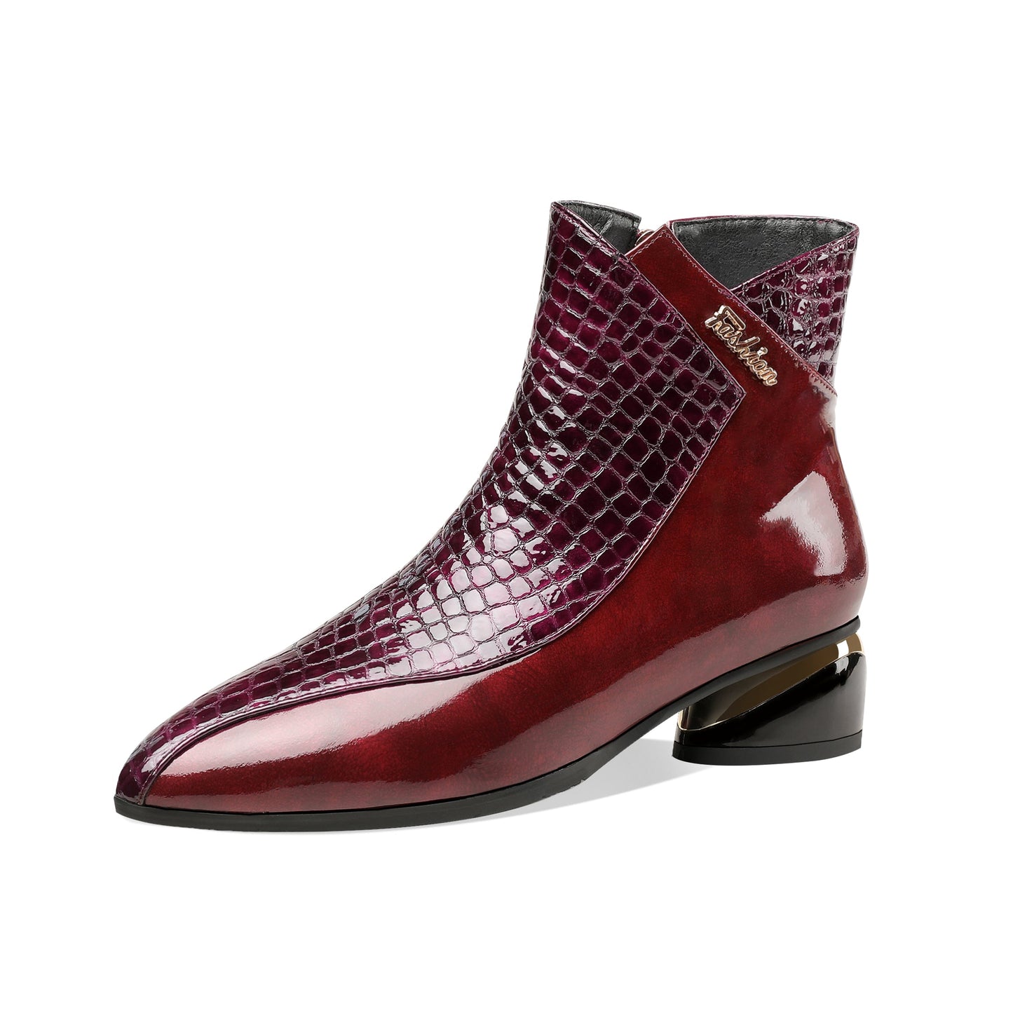 Nine Seven Women's Handmade Patent Leather Pointed Toe Side Zip Up Low Chunky Heel Casual Ankle Boots