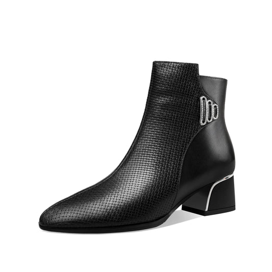 Nine Seven Women's Genuine Leather Handmade Round Toe Side Zipper Graceful Ankle Boots with Low Chunky Heel