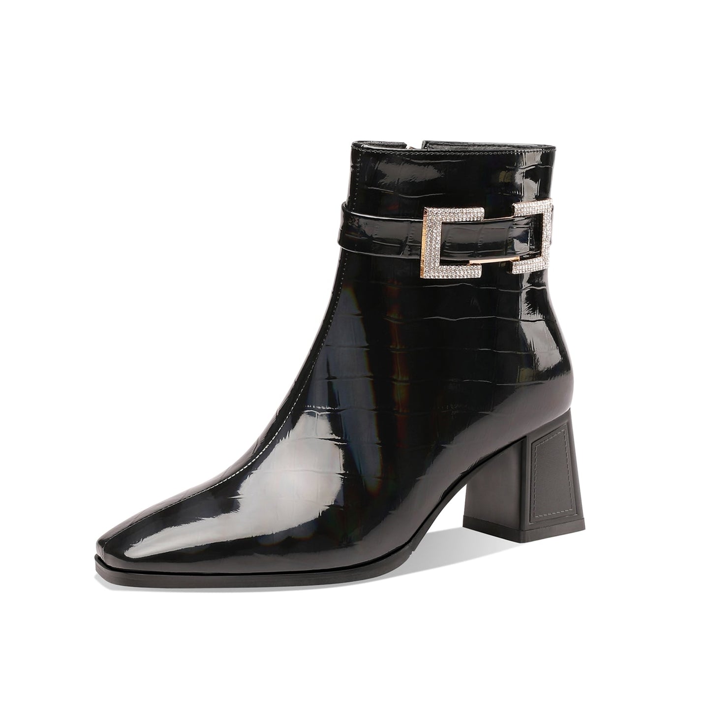 Nine Seven Women's Handmade Checkered Patent Leather Comfortable Block Heel Side Zip Up Glitter Buckle Design Chic Dress Boots