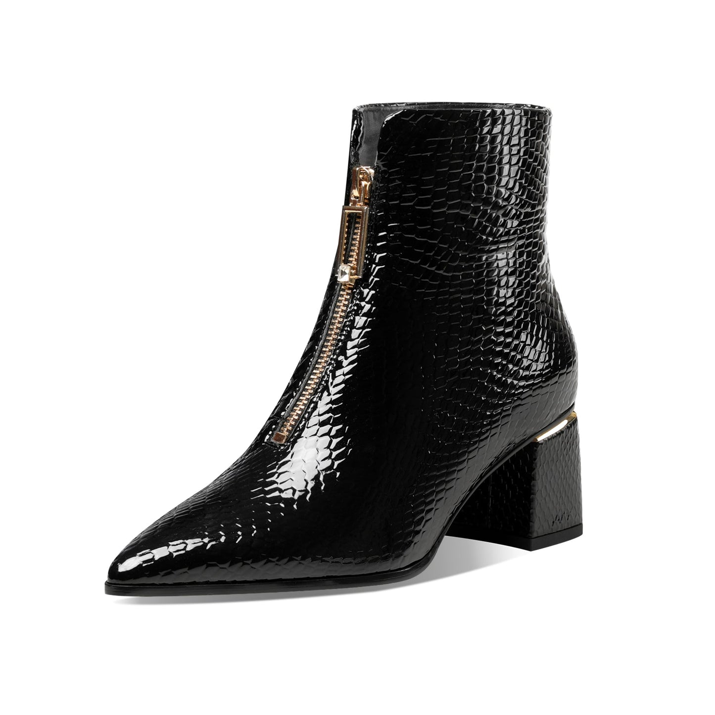 Nine Seven Women's Handmade Genuine Leather Pointed Toe Stylish Front Zip Up Mid Chunky Heel Ankle Booties