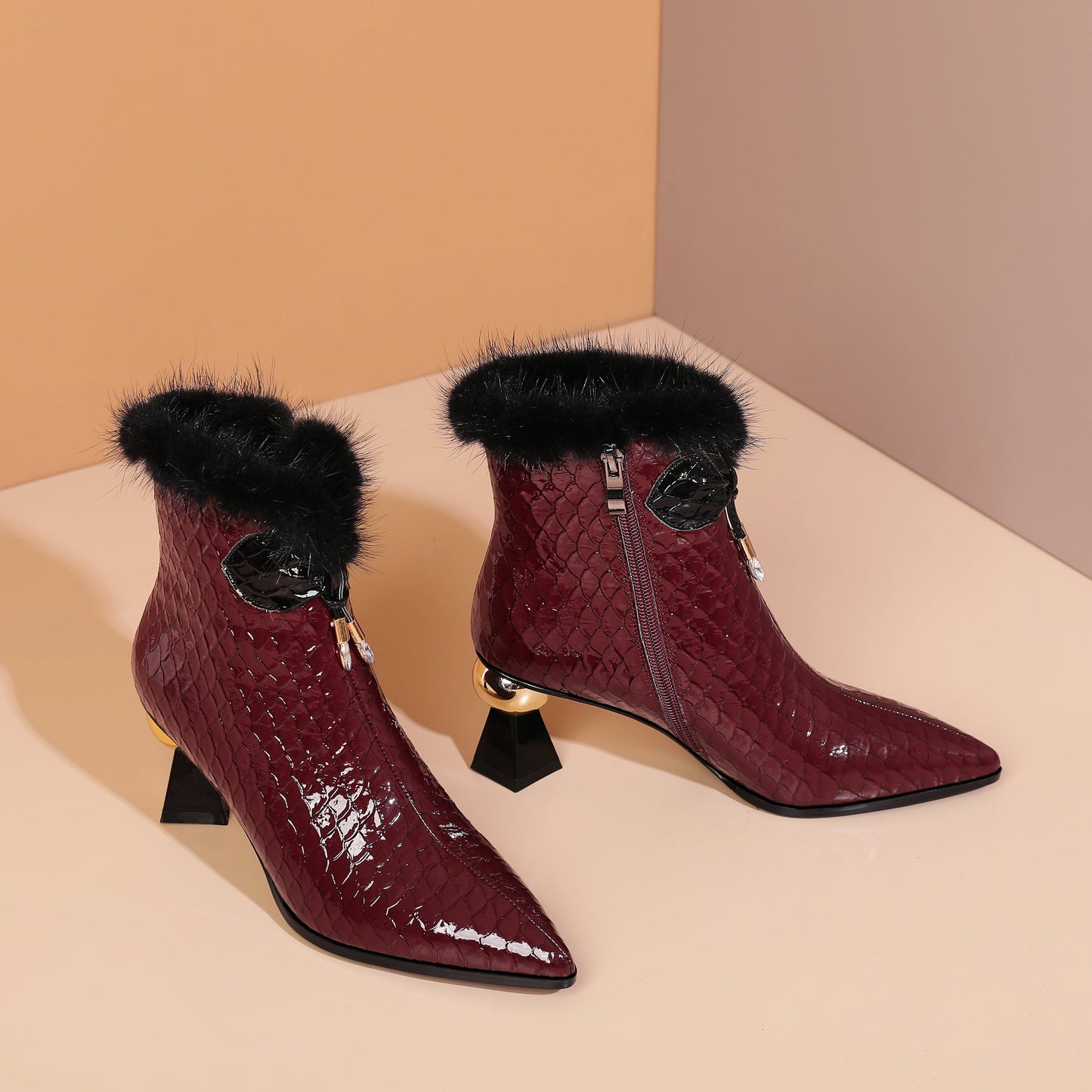 Nine Seven Patent Leather Handmade Women's Pointy Toe Side Zip Up Mid Heel Crystal and Fur Design Ankle Boots with Bow