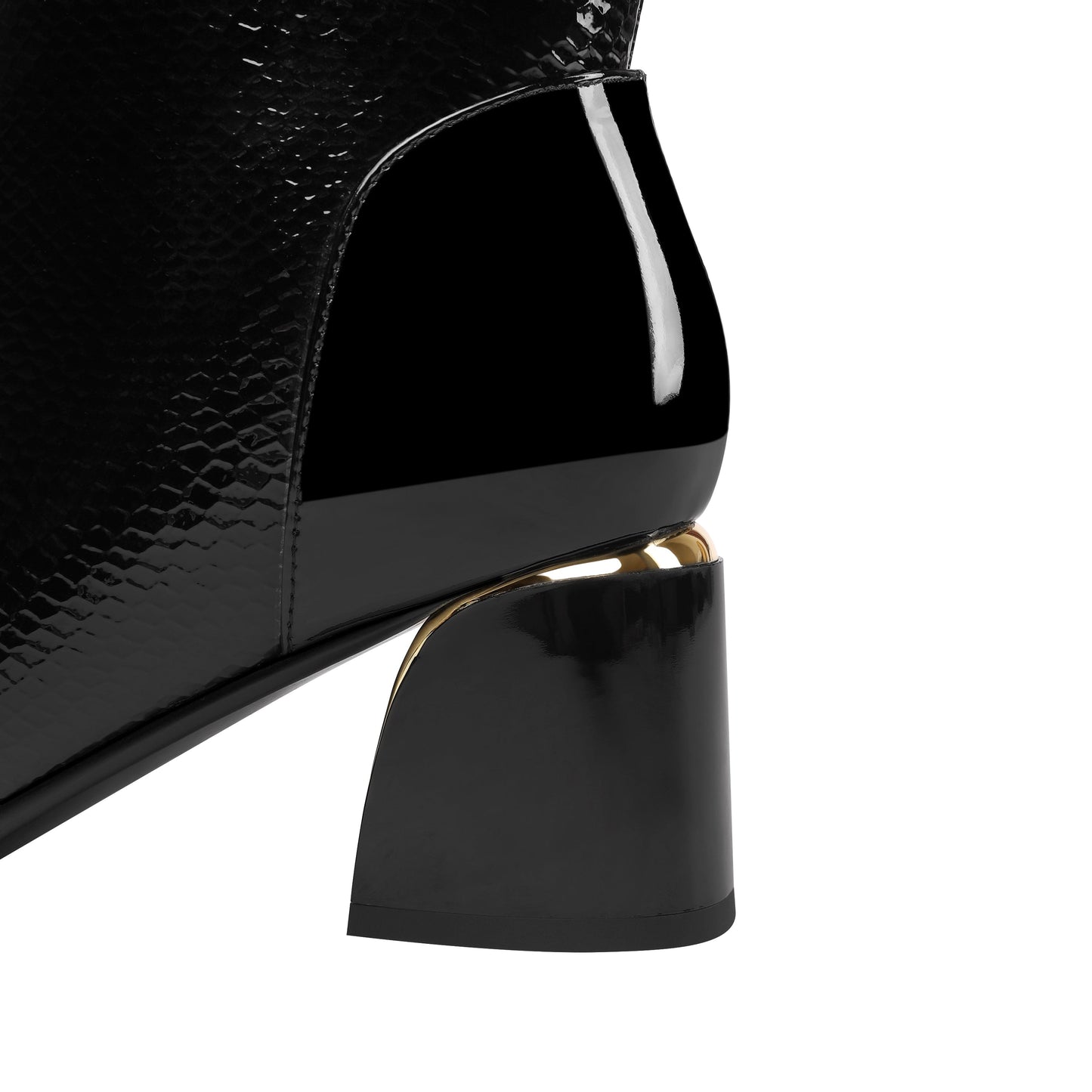 Nine Seven Handmade Women's Patent Leather Side Zip Up Block Heel Cap-Toe Black Mid-Calf Boots with Chic Metal Pattern