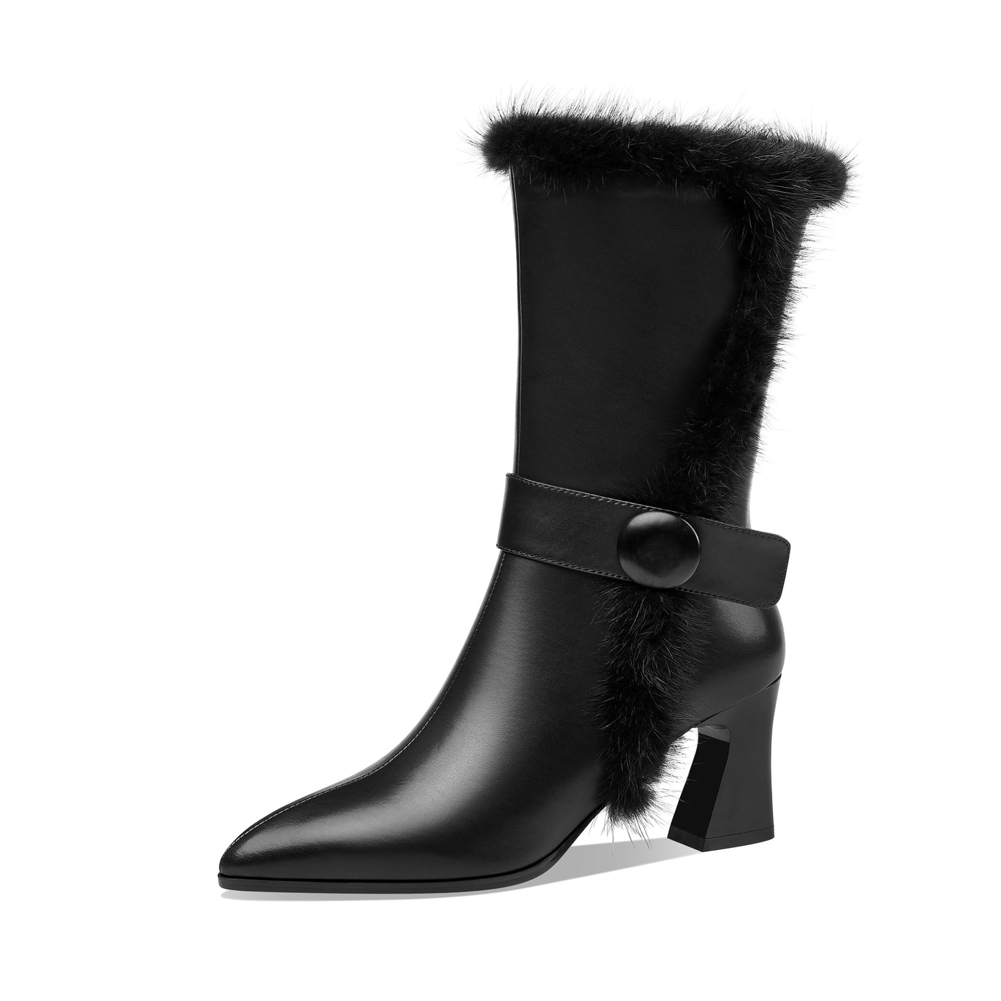 Nine Seven Handmade Women's Genuine Leather Spool Heel Side Zip Up Black Mid-Calf Boots with Fur And Chic Belt