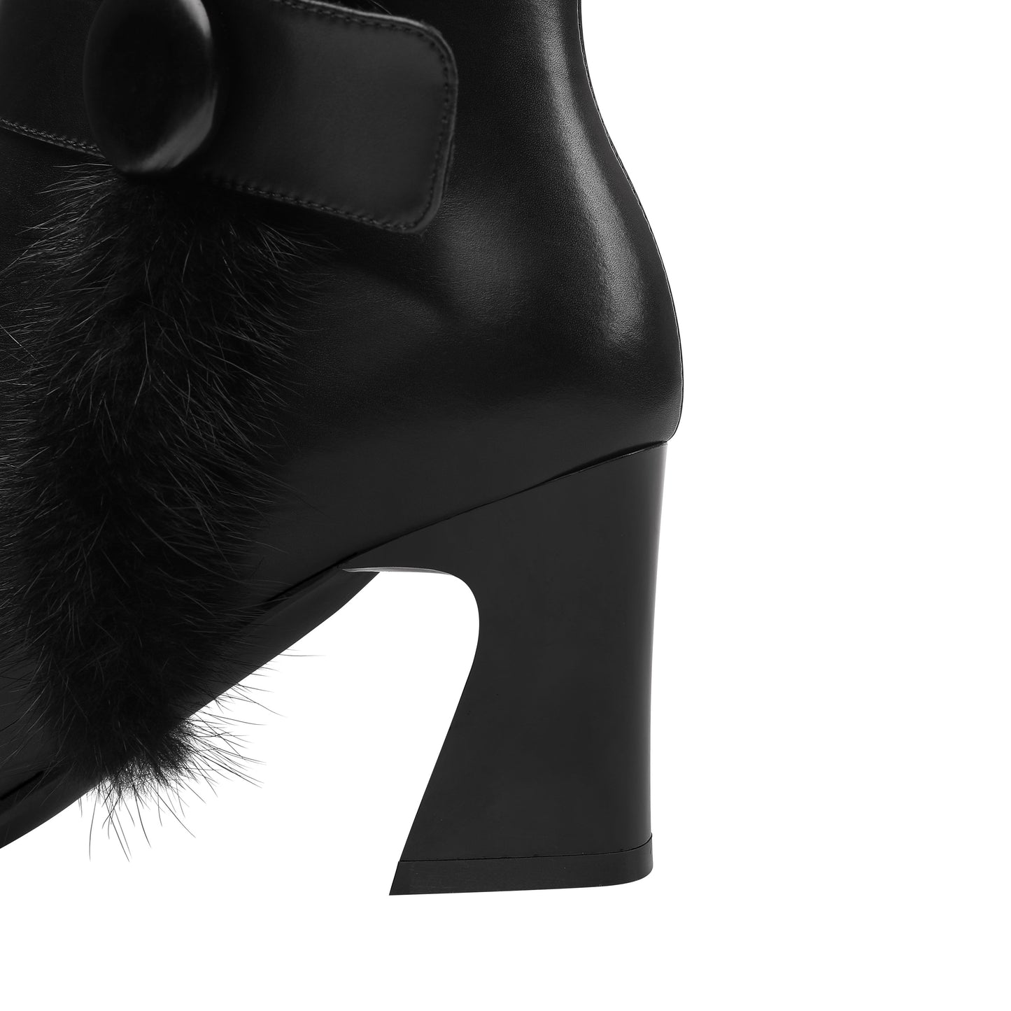 Nine Seven Handmade Women's Genuine Leather Spool Heel Side Zip Up Black Mid-Calf Boots with Fur And Chic Belt