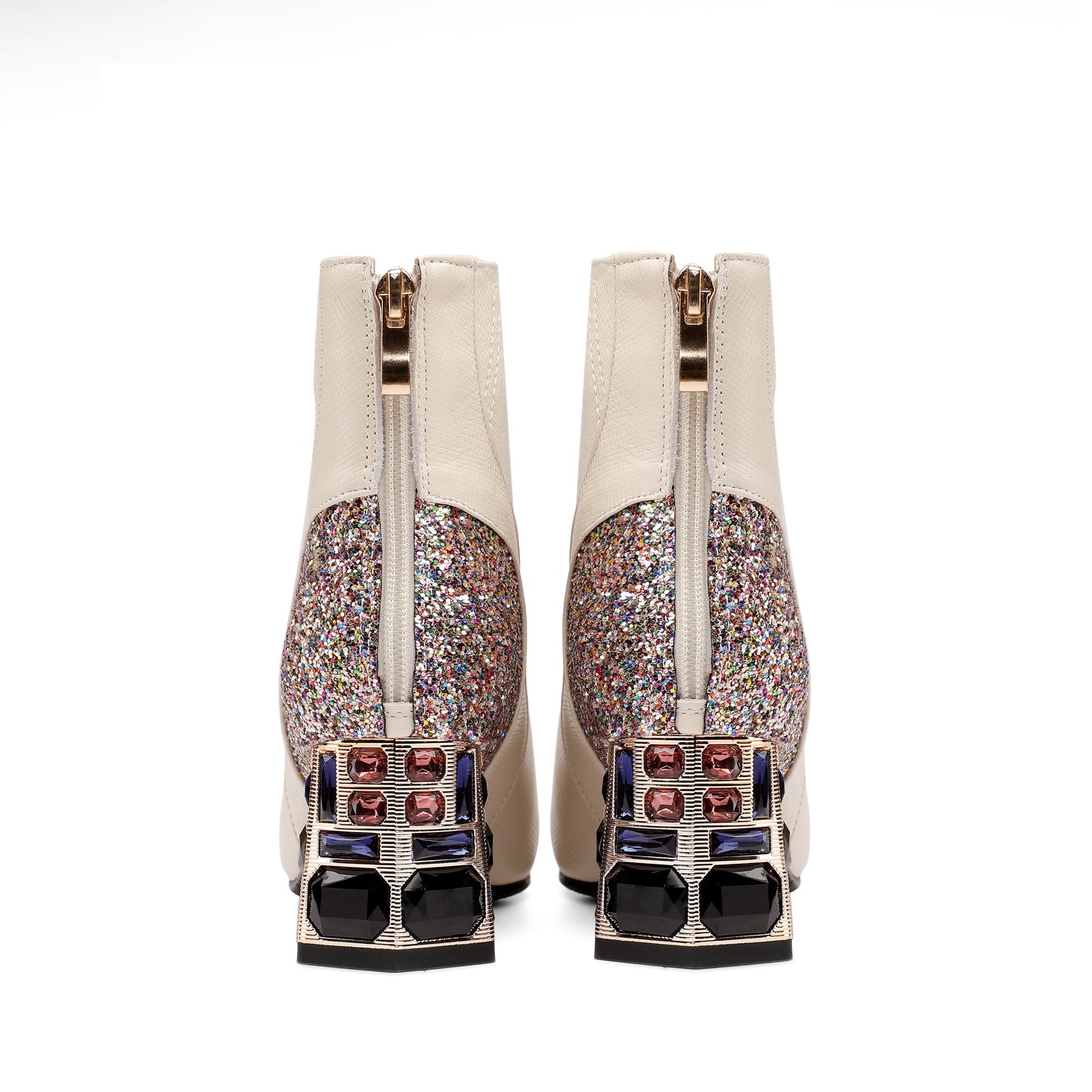 Nine Seven Women's Handmade Genuine Leather Clear Pointed Toe Crystal Chunky Heel Back Zip Up Graceful Ankle Boots