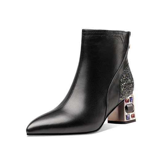 Nine Seven Women's Handmade Genuine Leather Clear Pointed Toe Crystal Chunky Heel Back Zip Up Graceful Ankle Boots