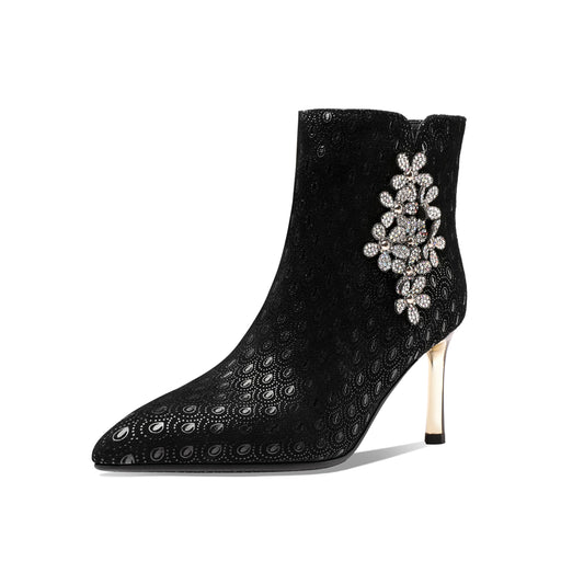 Nine Seven Women's Handmade Leather Sexy Metal Heel Side Zip Up Pointed Toe Ankle Boots with Rhinestone Flower