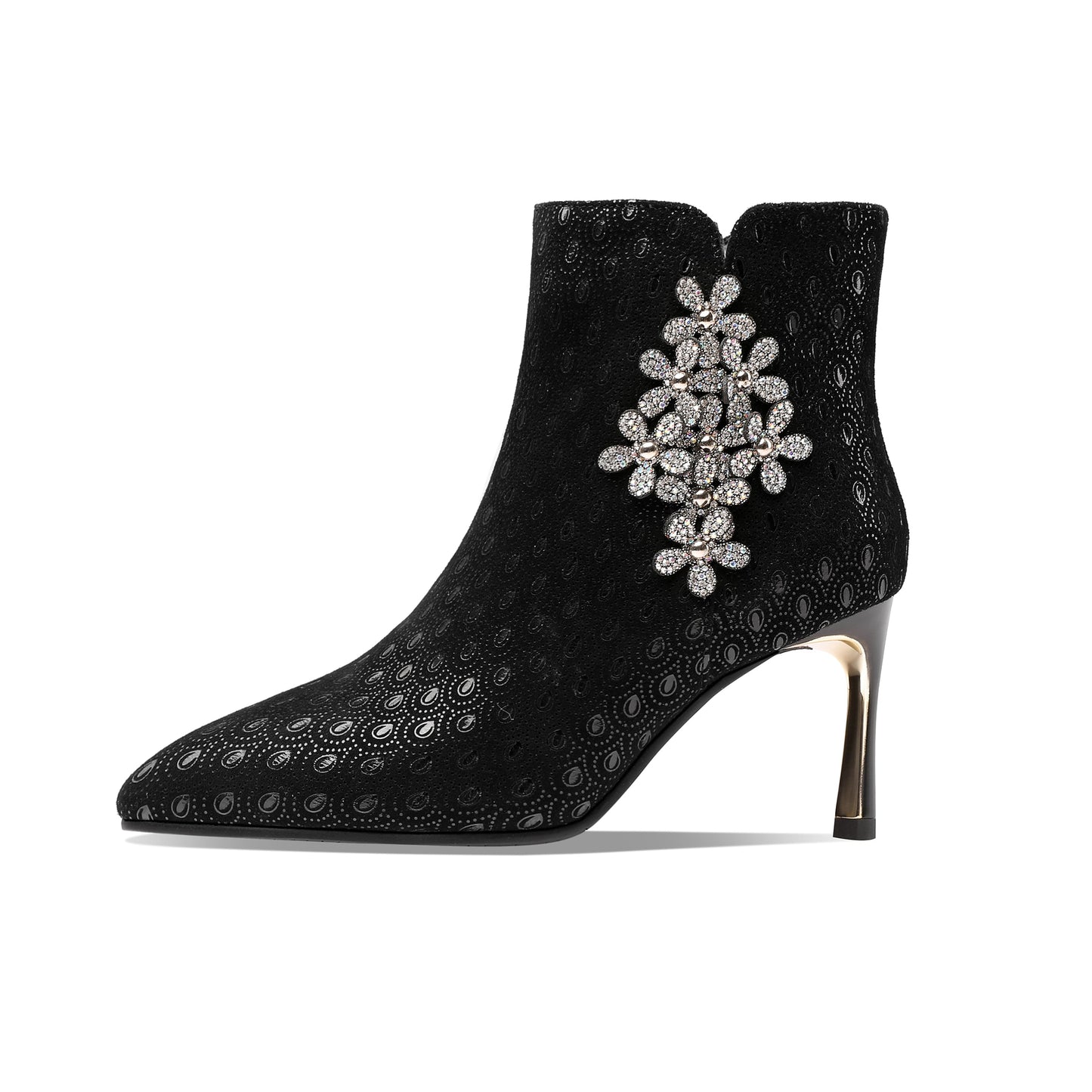Nine Seven Women's Handmade Leather Sexy Metal Heel Side Zip Up Pointed Toe Ankle Boots with Rhinestone Flower