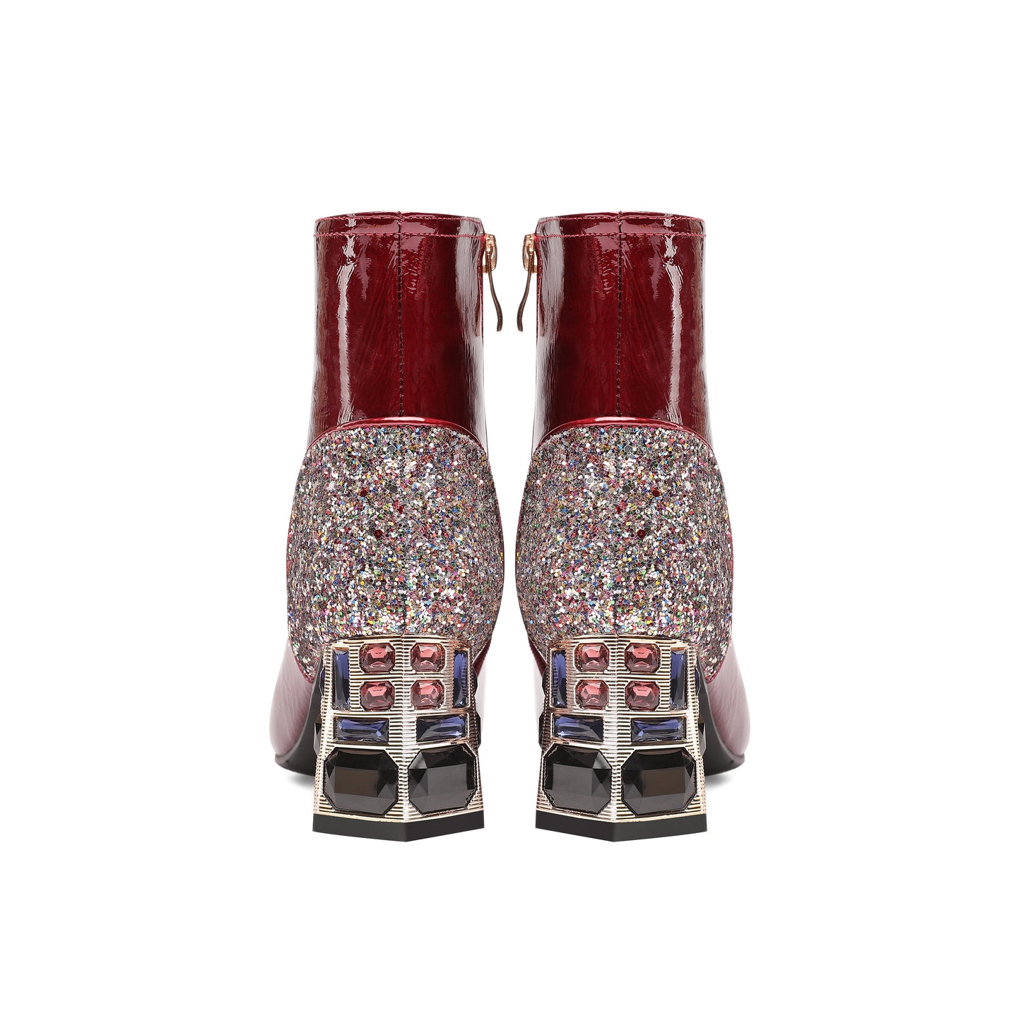 Nine Seven Women's Handmade Patent Leather Clear Pointed Toe Crystal Decor Chunky Heel Side Zip Sparkling Glitter Ankle Boots