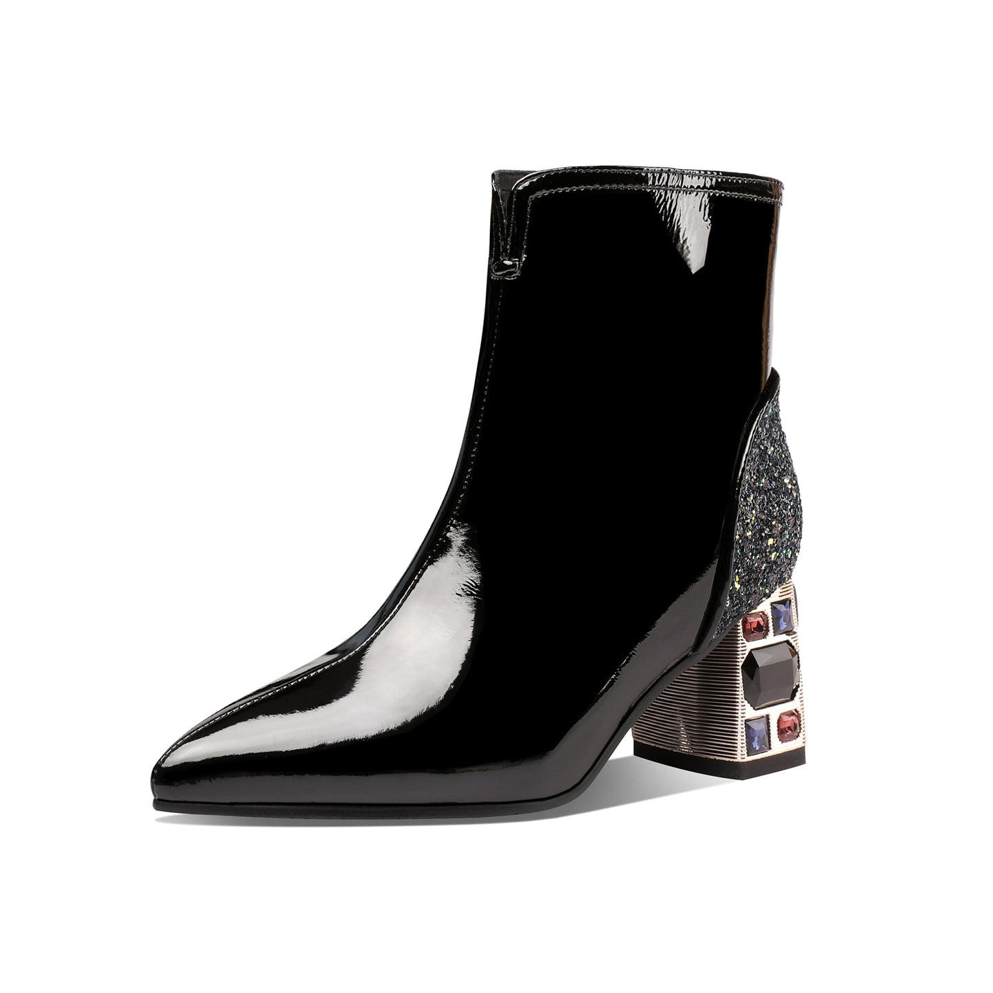 Nine Seven Women's Handmade Patent Leather Clear Pointed Toe Crystal Decor Chunky Heel Side Zip Sparkling Glitter Ankle Boots