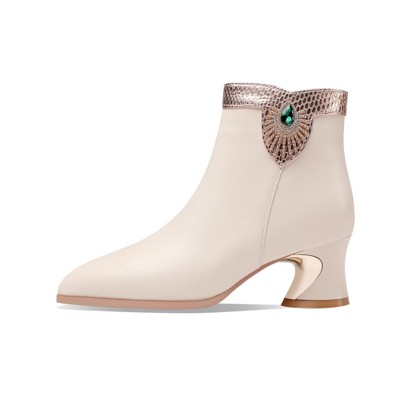 Nine Seven Women's Handmade Genuine Leather Pointed Toe Chunky Heel Side Zip Up Ankle Boots with Glitter Rhinestone