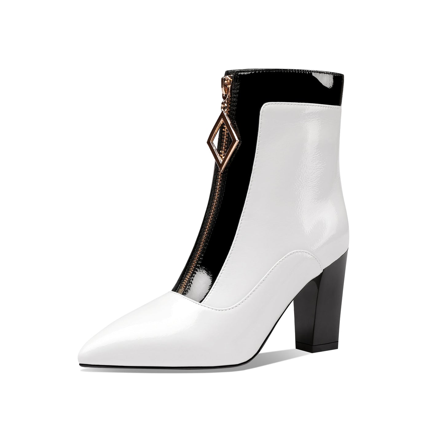 Nine Seven Women's Handmade Genuine Leather Clear Pointed Toe Chunky Heel Stylish Front Zip Ankle Booties