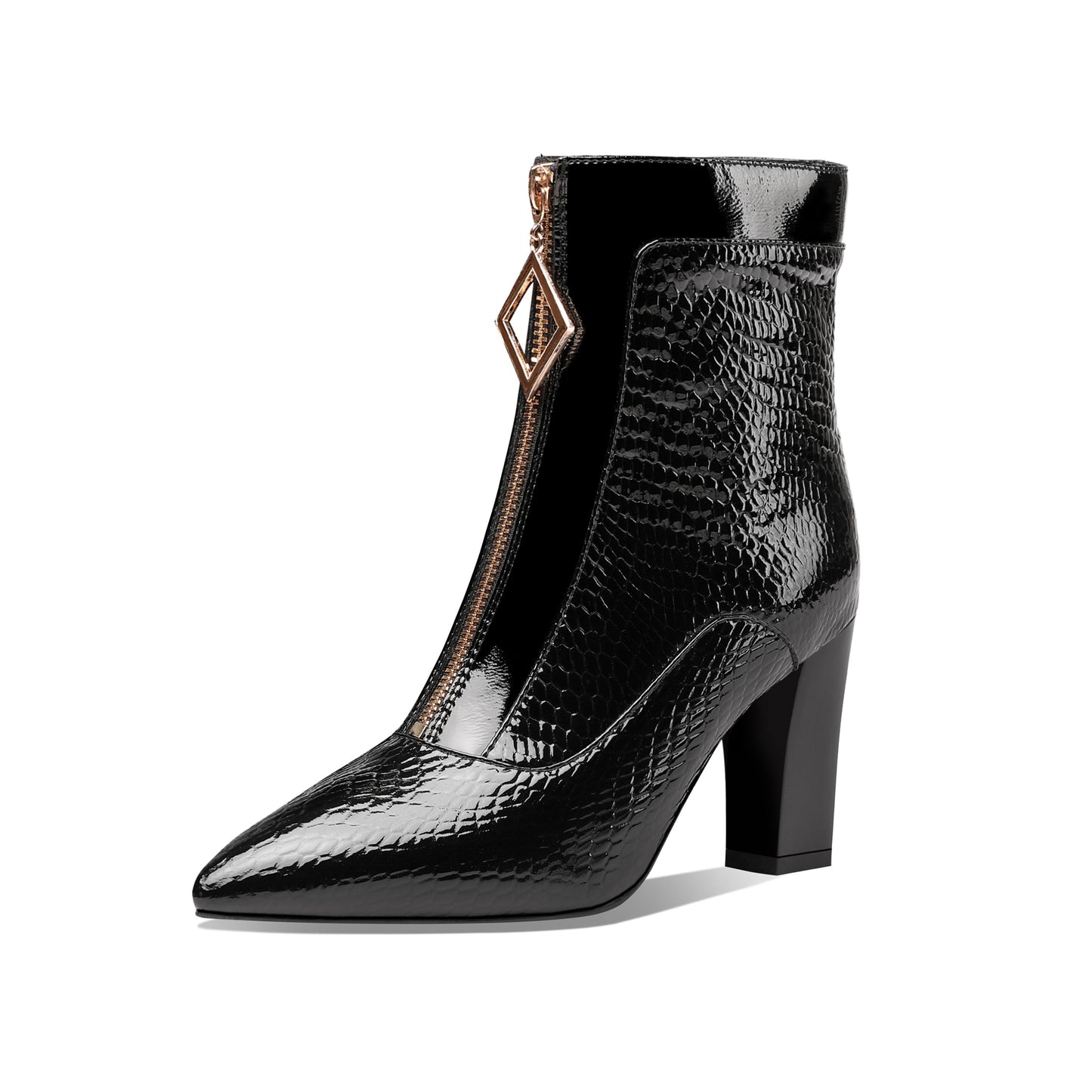 Nine Seven Women's Handmade Genuine Leather Clear Pointed Toe Chunky Heel Stylish Front Zip Ankle Booties