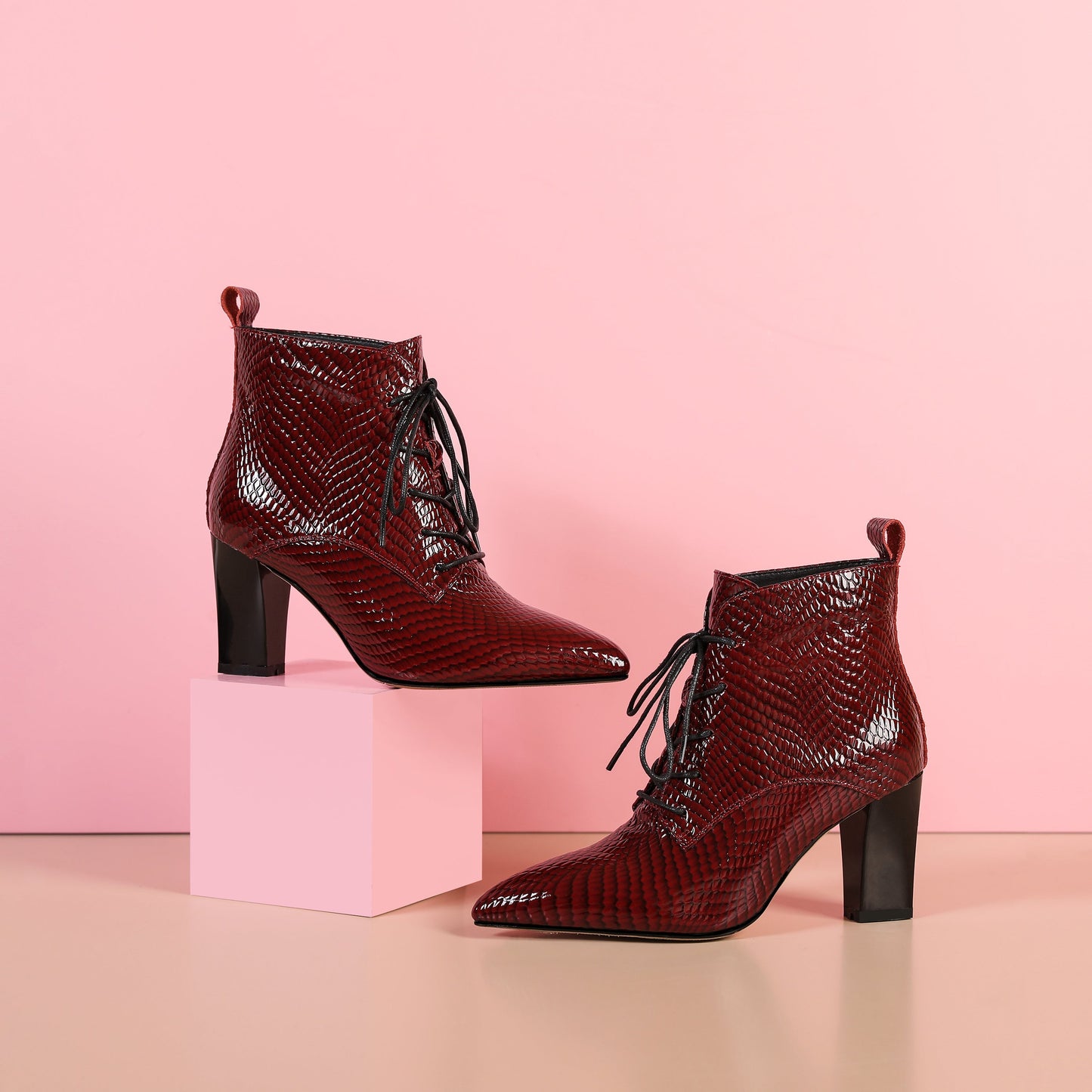 Nine Seven Women's Genuine Leather Handmade Pointed Toe Chunky Heel Lace Up Stylish Ankle Boots