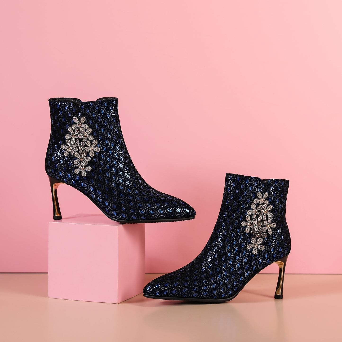 Nine Seven Women's Handmade Leather Sexy Metal Heel Side Zip Up Pointed Toe Ankle Boots with Rhinestone Flower