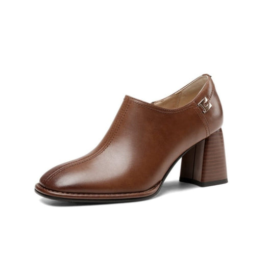 Nine Seven Women's Square Toe Genuine Leather Handmade Side Zipper Mid Chunky Heel Retro Pumps Shoes