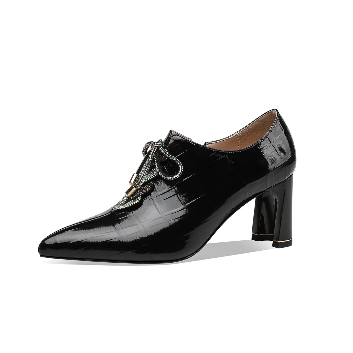 Nine Seven Women's Pointed Toe Glossy Patent Leather Handmade Side Zipper Mid Chunky Heel Pumps Shoes