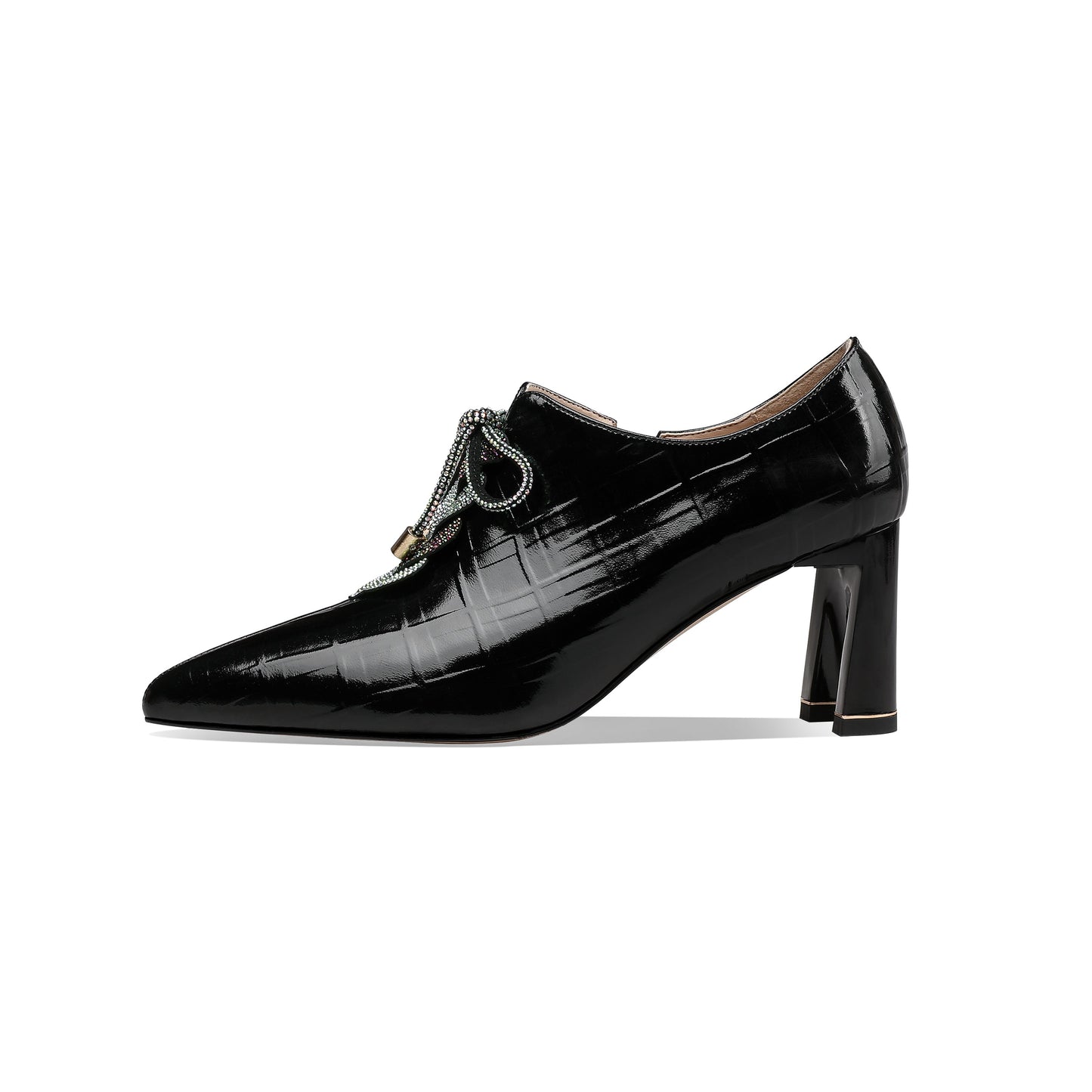 Nine Seven Women's Pointed Toe Glossy Patent Leather Handmade Side Zipper Mid Chunky Heel Pumps Shoes