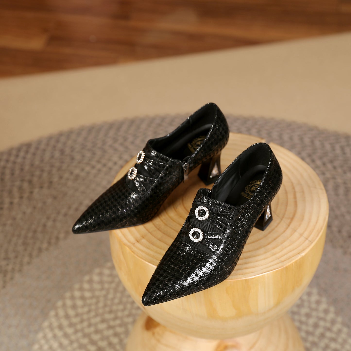 Nine Seven Women's Pointed Toe Genuine Leather Handmade Side Zipper Mid Chunky Heels Elegant Pumps Shoes