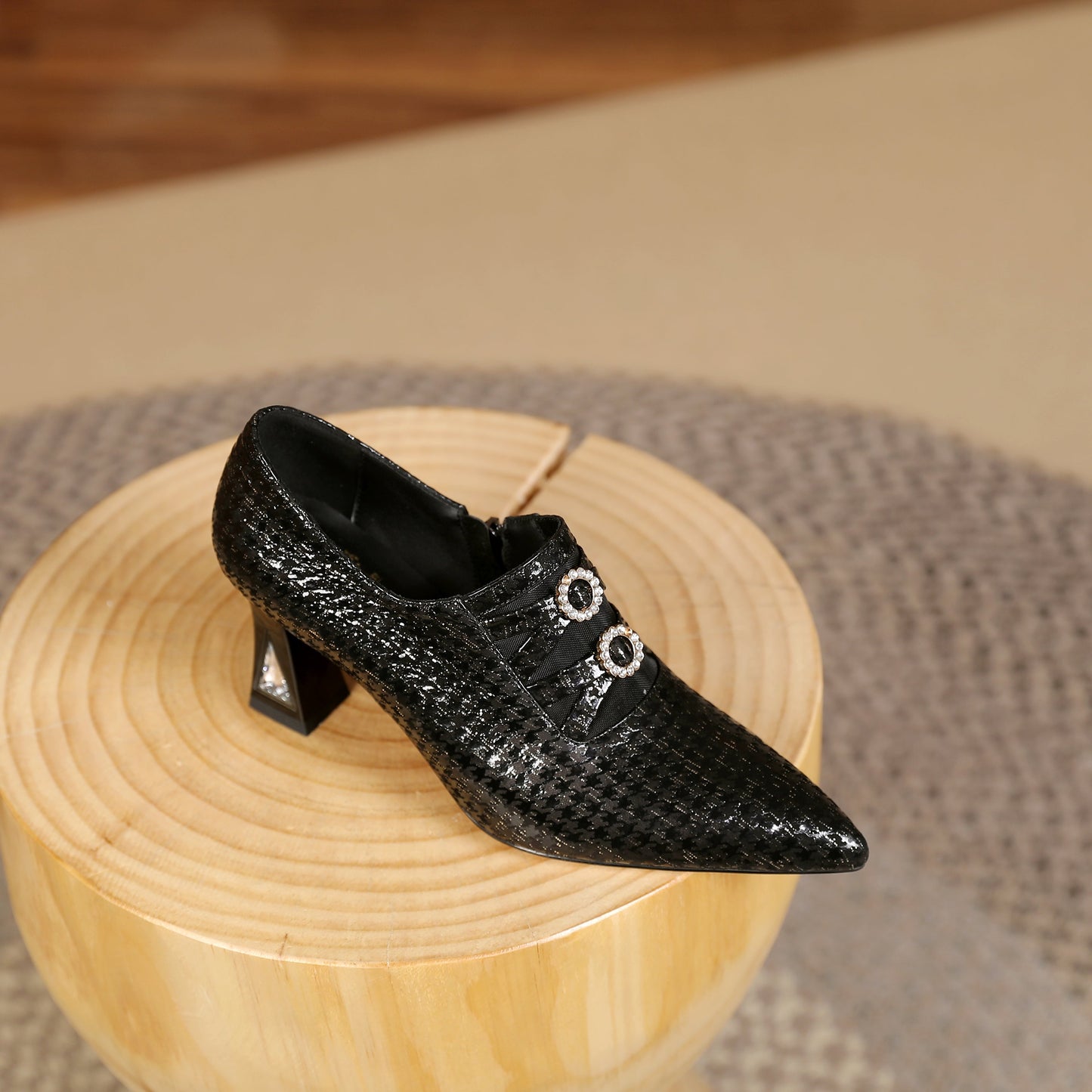 Nine Seven Women's Pointed Toe Genuine Leather Handmade Side Zipper Mid Chunky Heels Elegant Pumps Shoes